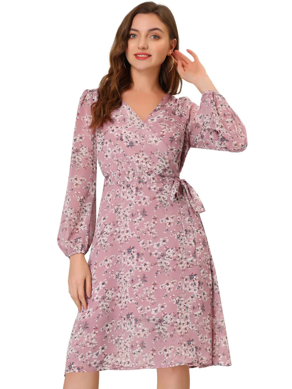 Allegra K- Floral V Neck Tie Waist Bishop Sleeve Wrap Midi Dress