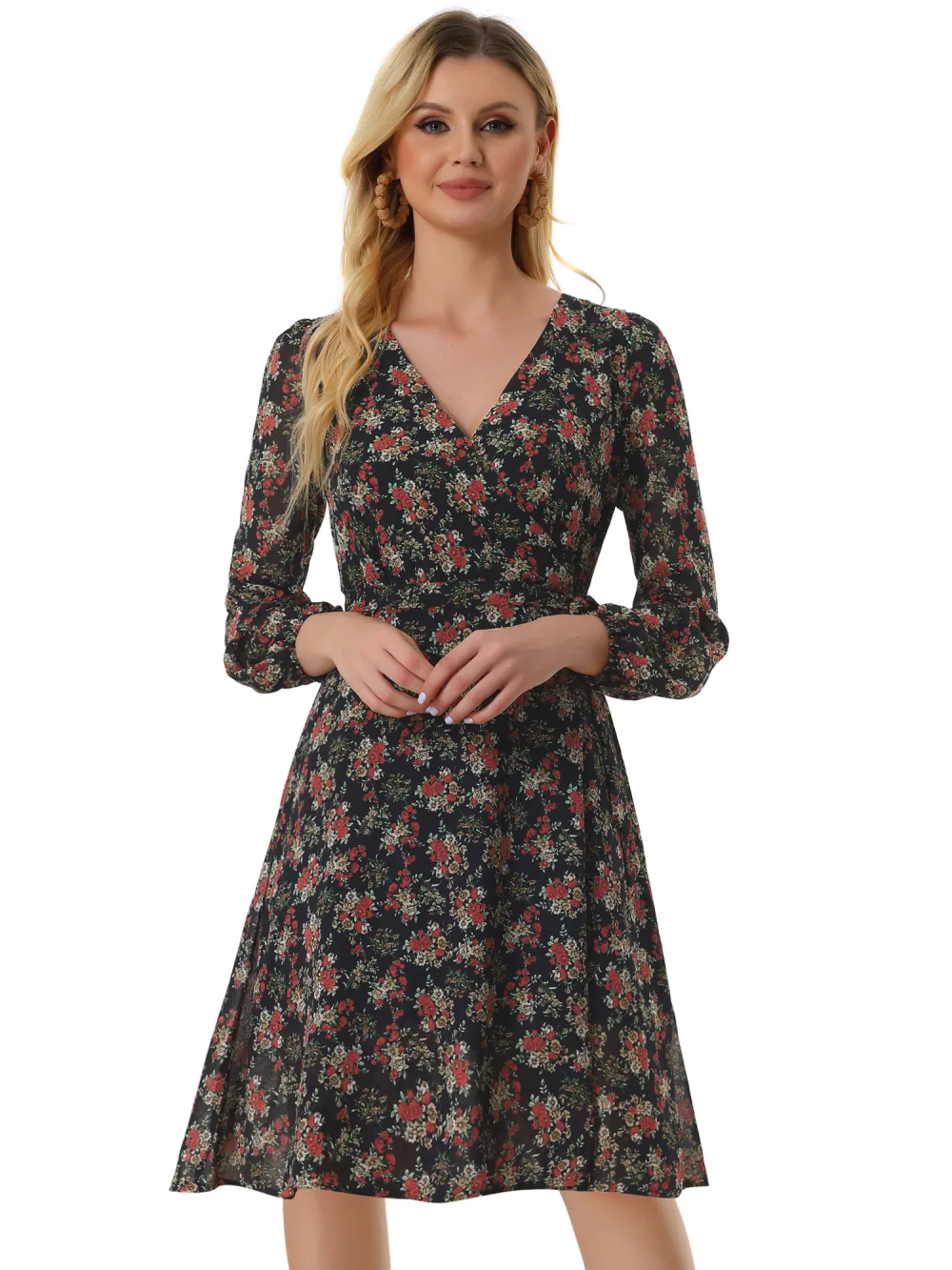 Allegra K- Floral V Neck Tie Waist Bishop Sleeve Wrap Midi Dress