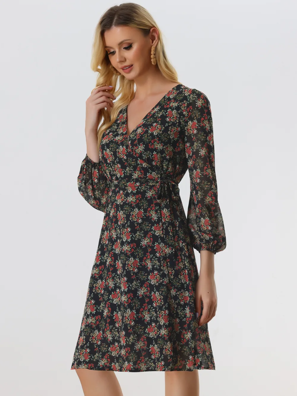 Allegra K- Floral V Neck Tie Waist Bishop Sleeve Wrap Midi Dress