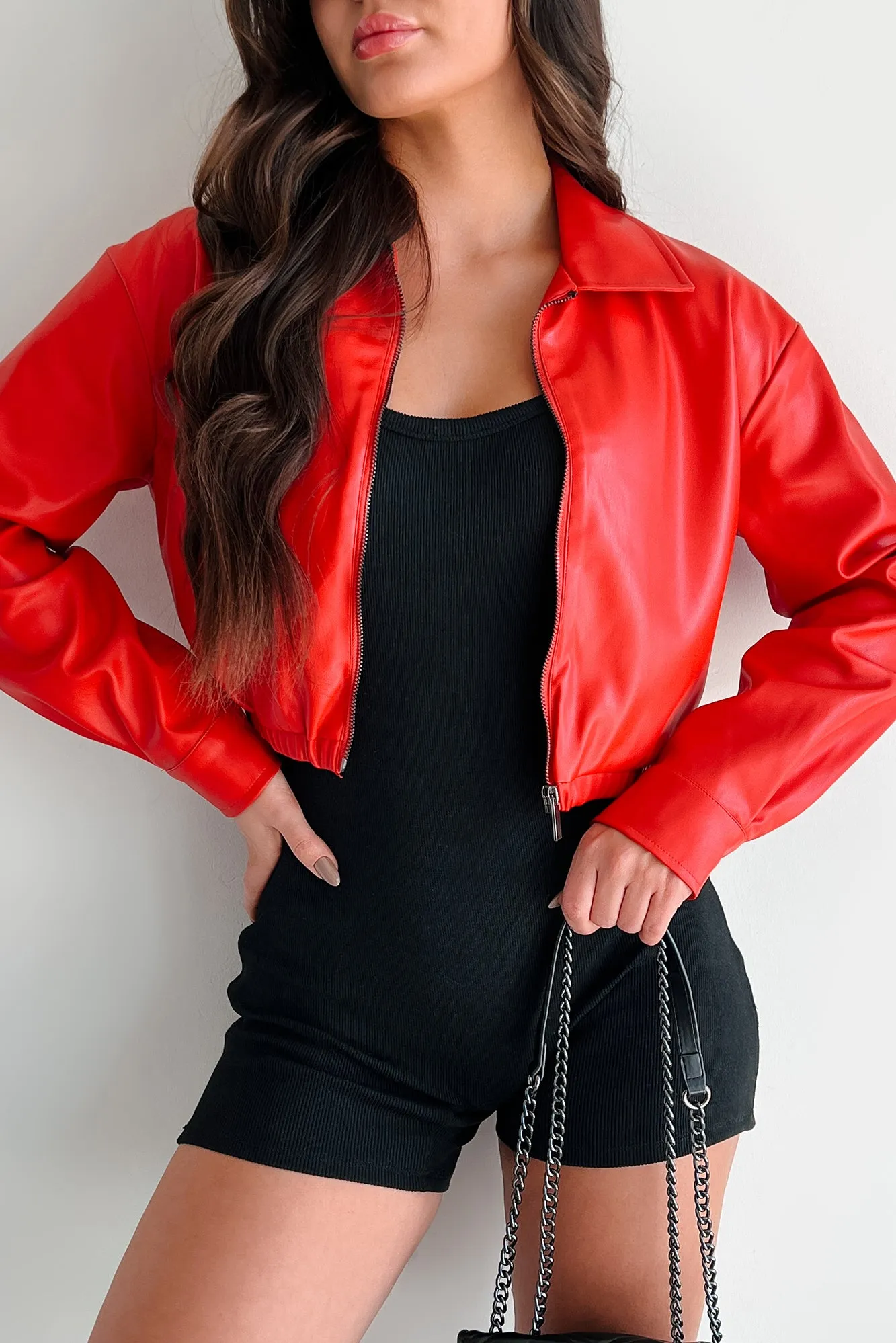 Always Standing Out Faux Leather Crop Jacket (Red)