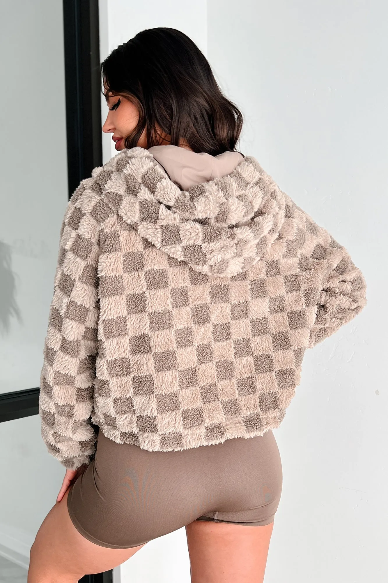 Always Warm Checkered Sherpa Zip-Up Jacket (Mocha)