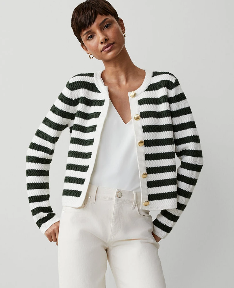 Ann Taylor AT Weekend Striped Stitched Jacket Green/White Stripe Women's