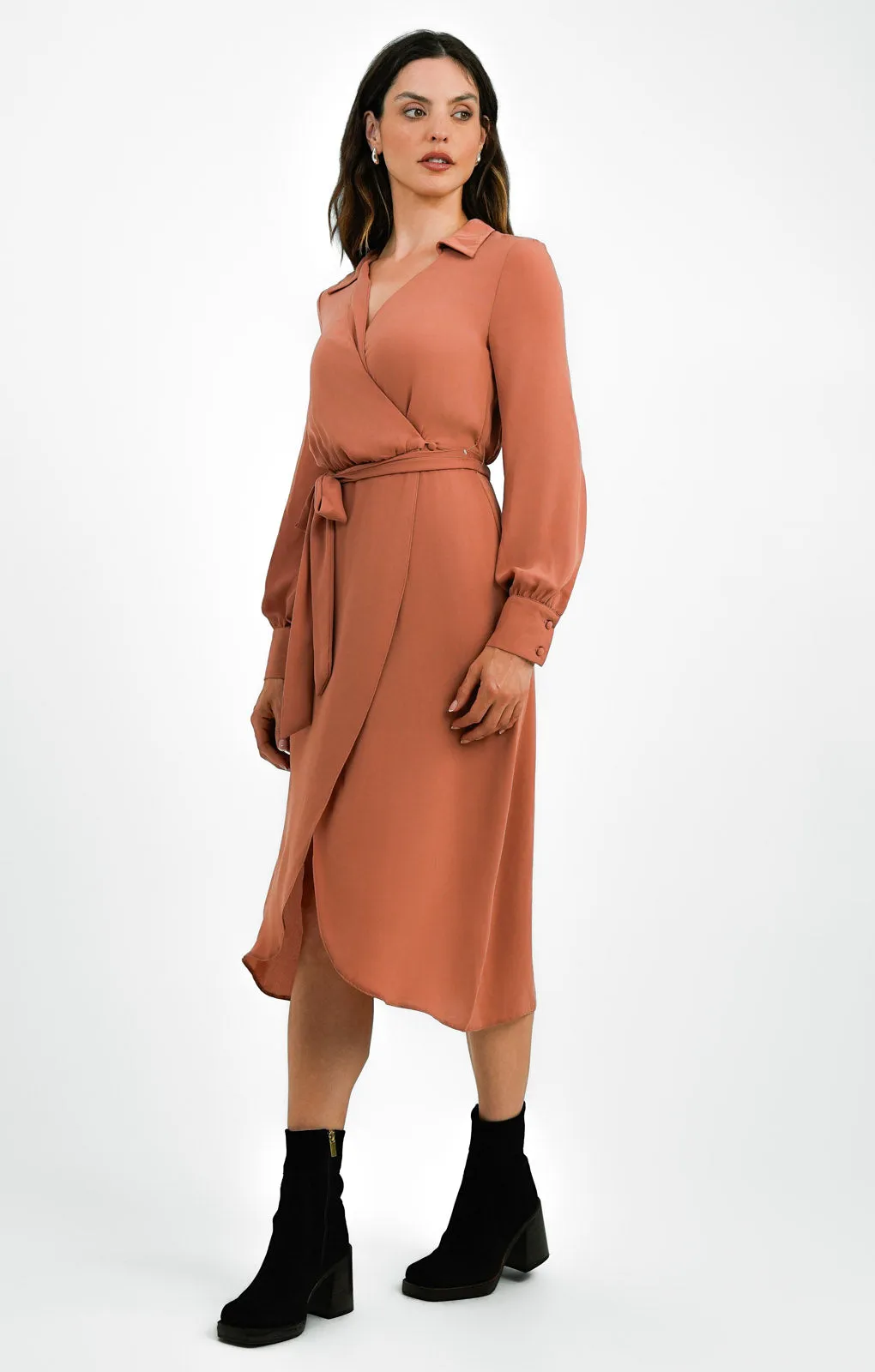 ASOS DESIGN Collared Wrap Midi Dress With Tie Belt In Terracotta