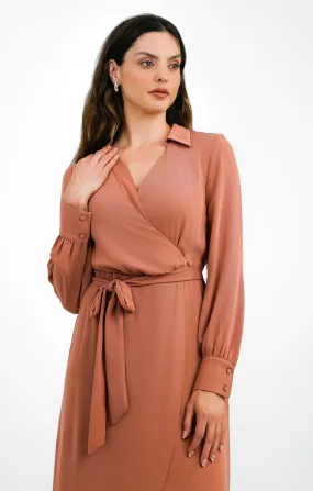 ASOS DESIGN Collared Wrap Midi Dress With Tie Belt In Terracotta