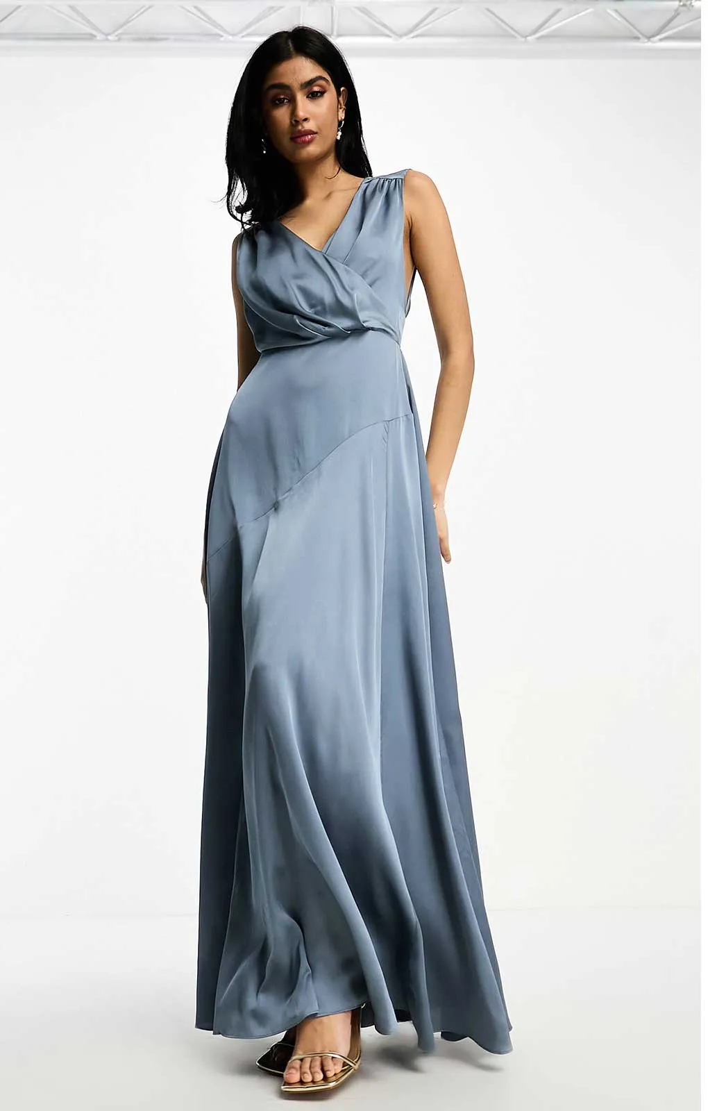 Asos Edition Satin Maxi Dress With Wrap Bodice In Dusky Blue