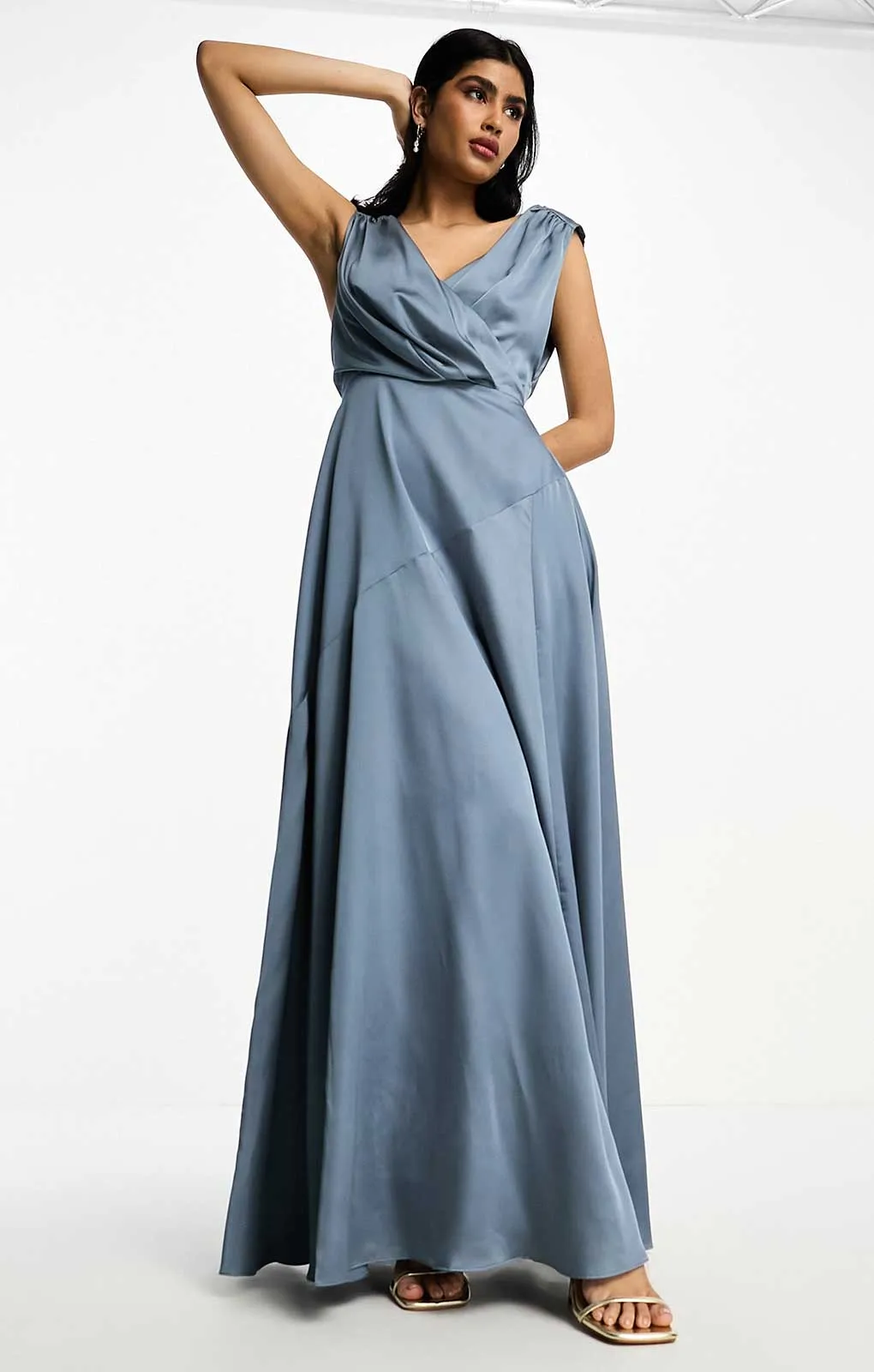 Asos Edition Satin Maxi Dress With Wrap Bodice In Dusky Blue