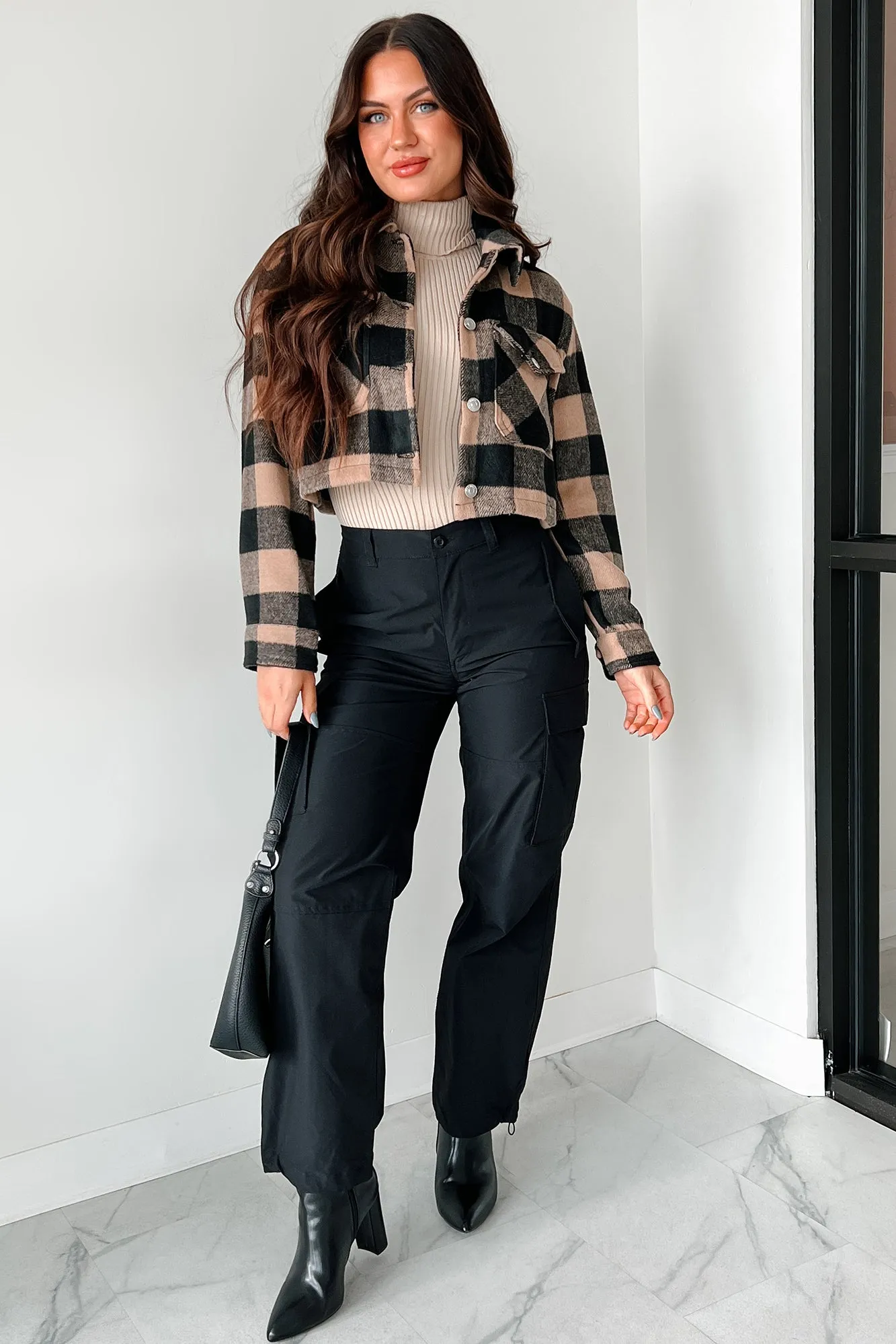 Autumn Aesthetic Plaid Crop Jacket (Camel)