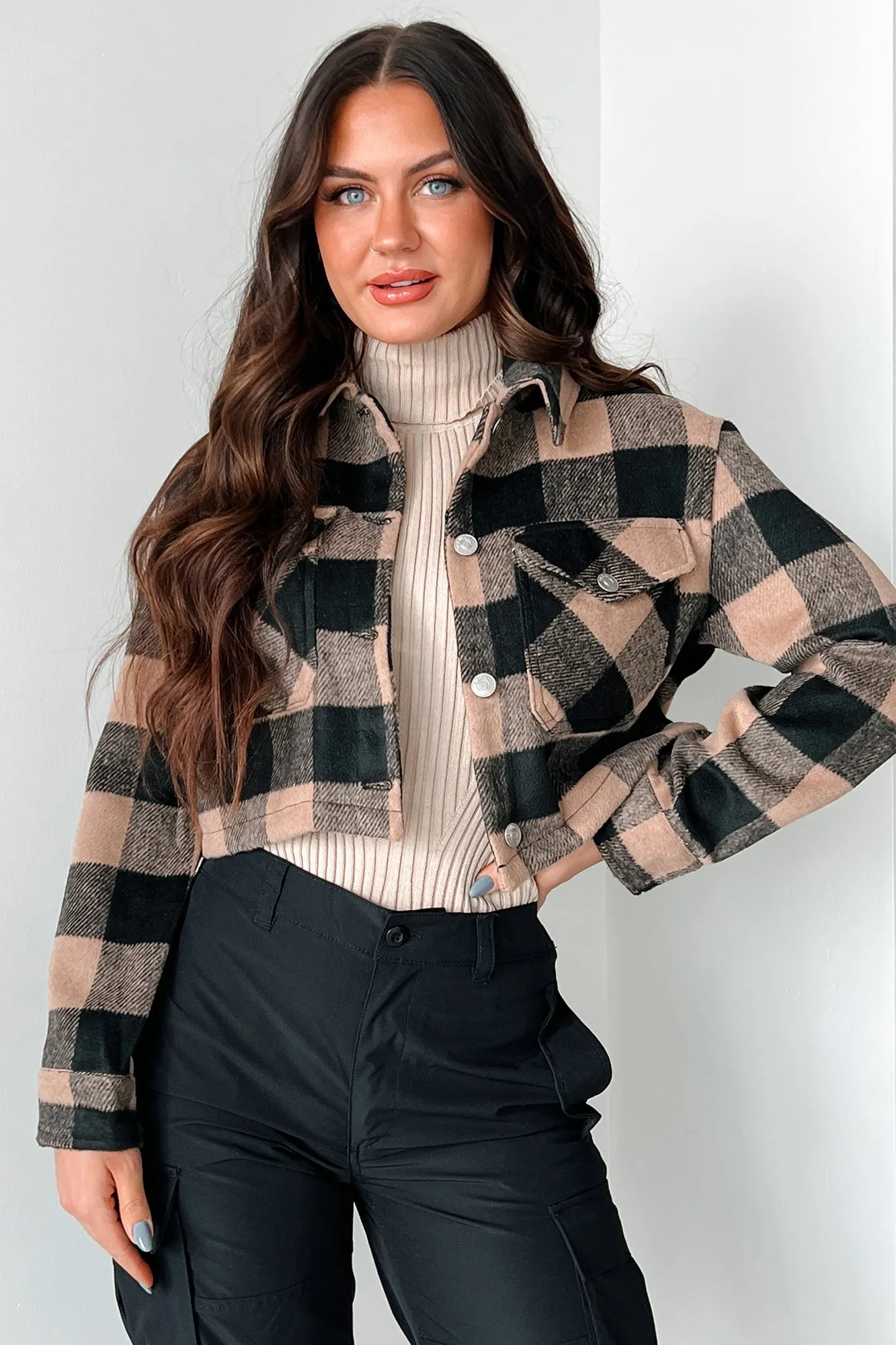 Autumn Aesthetic Plaid Crop Jacket (Camel)