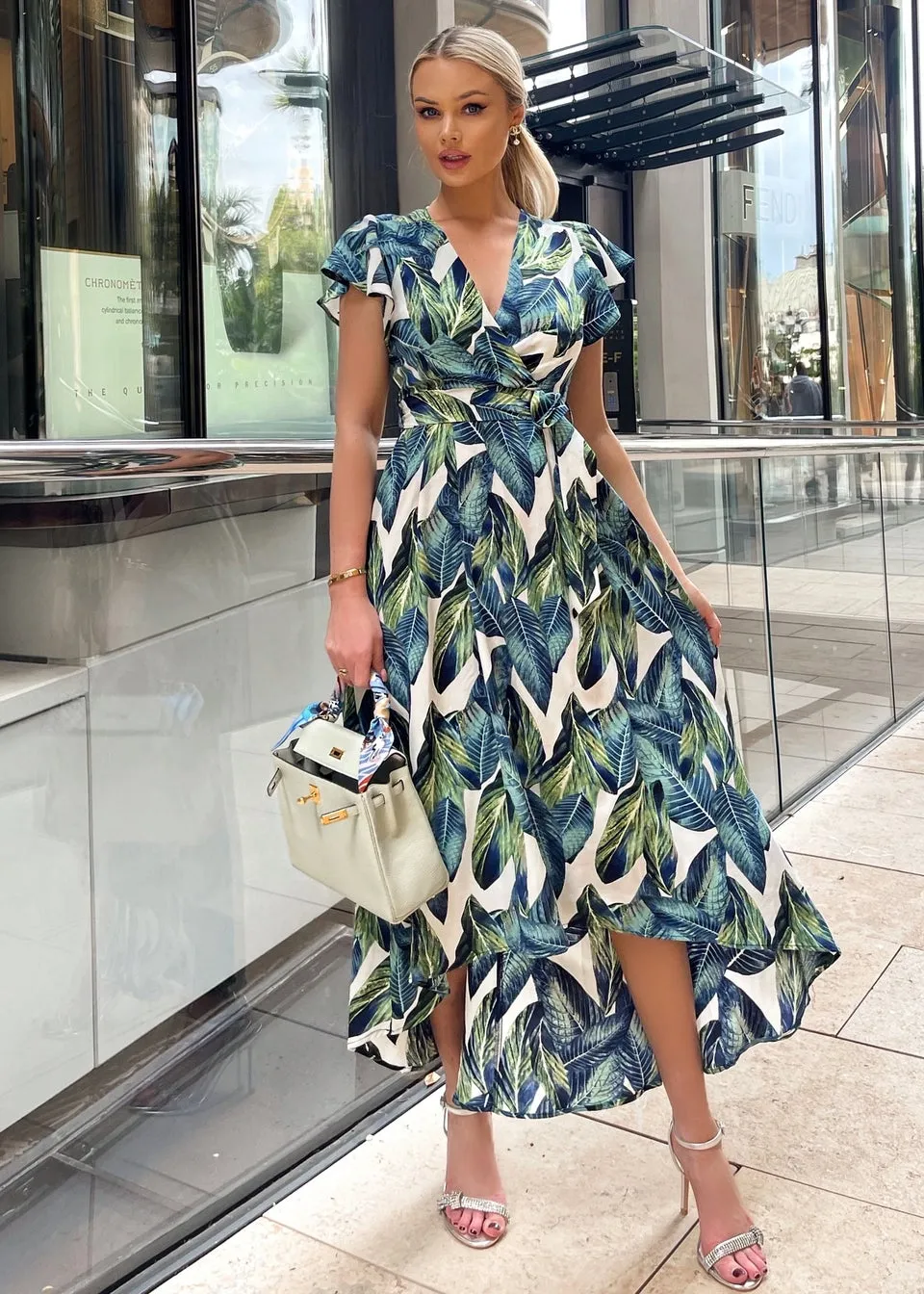 AX Paris Blue Leaf Print Short Sleeve Belted Wrap Midi Dress