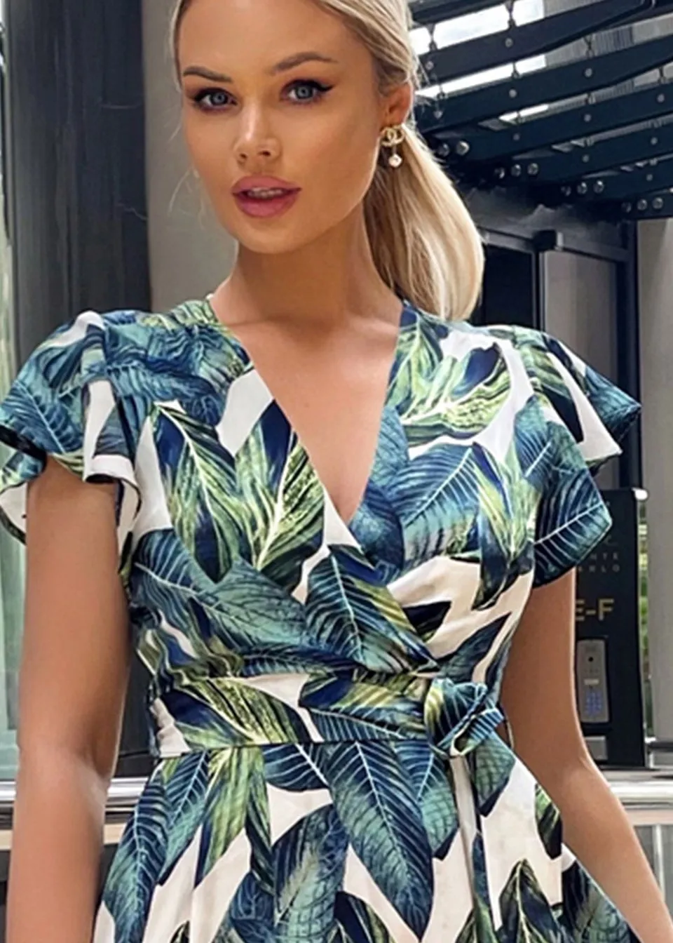 AX Paris Blue Leaf Print Short Sleeve Belted Wrap Midi Dress