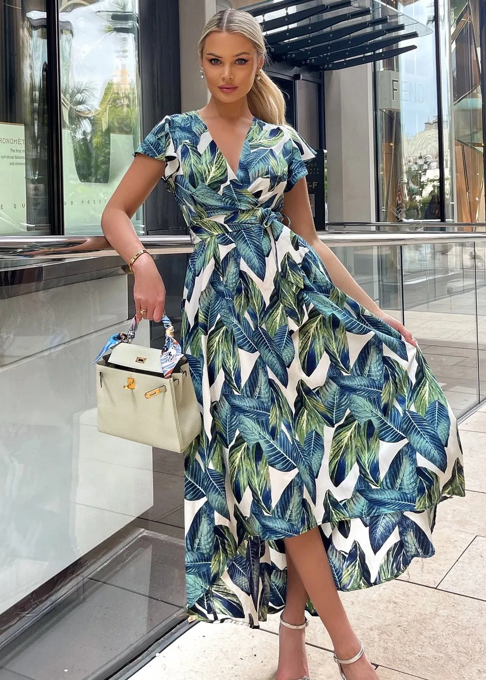 AX Paris Blue Leaf Print Short Sleeve Belted Wrap Midi Dress