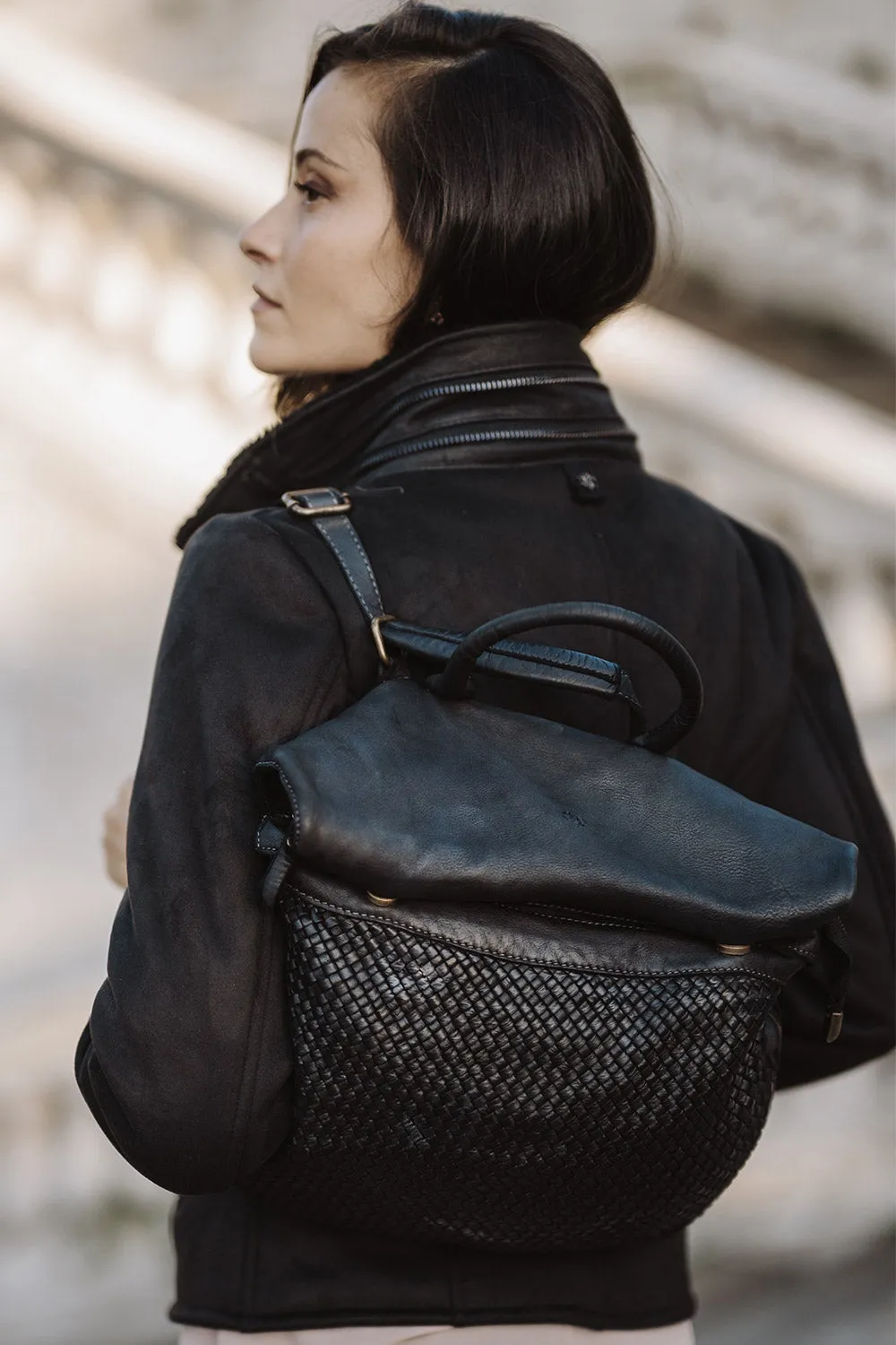 Big PISA leather woven backpack