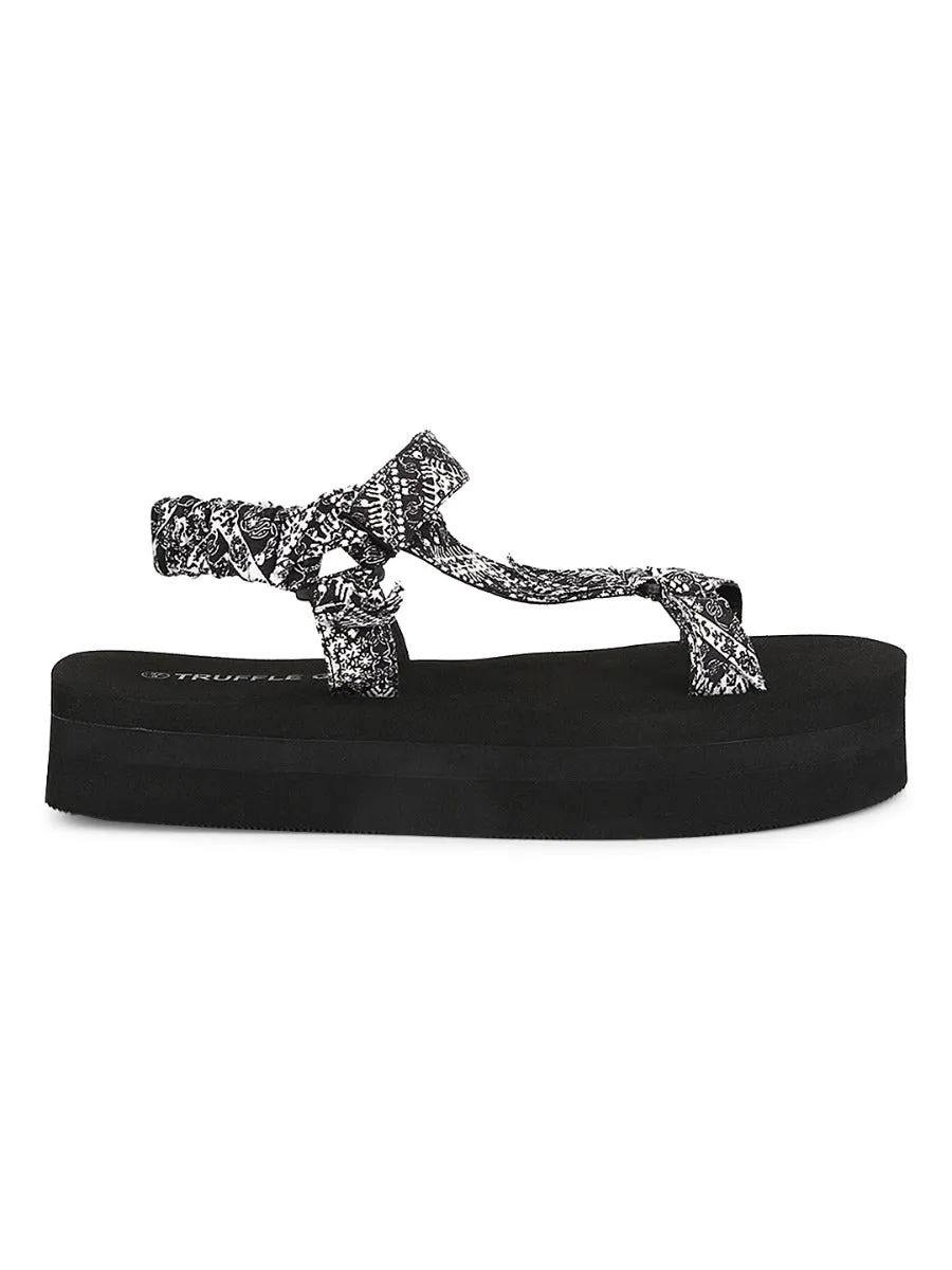 Black & White PU Printed Platform Sandals