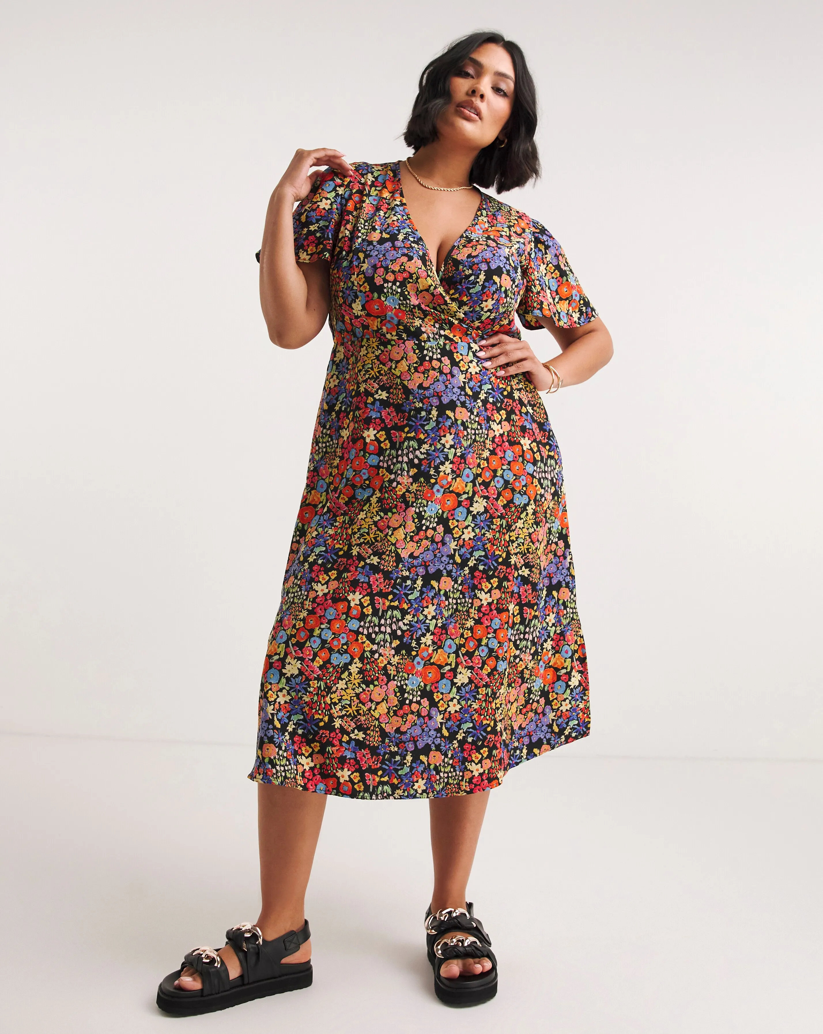 Black Floral Printed Wrap Front Midi Dress | Simply Be