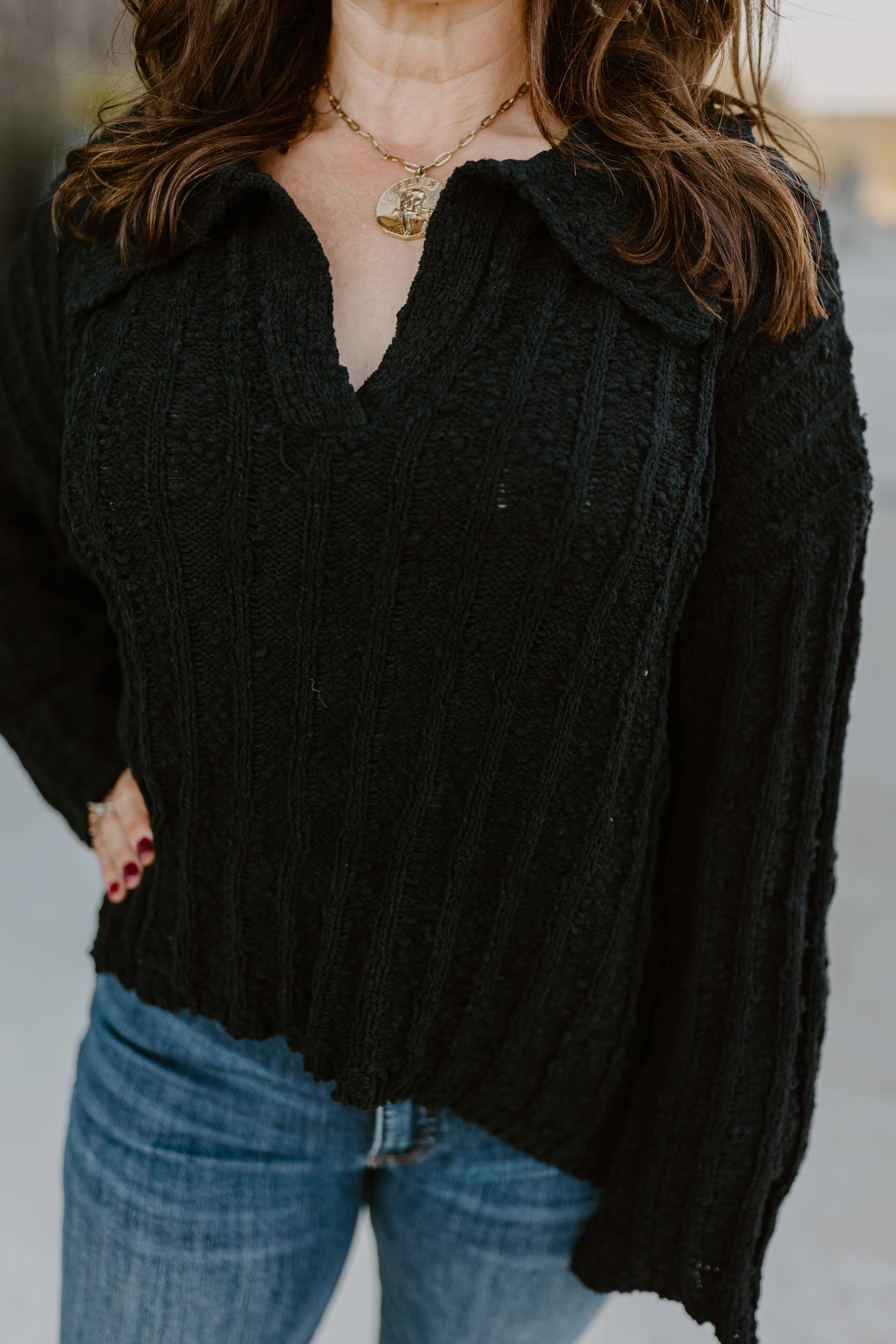 Black Oversized Comfy Collared Pullover