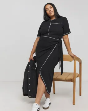 Black Short Sleeve Exposed Seam Midaxi Wrap Dress | Simply Be