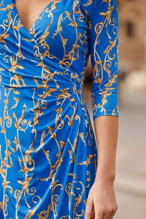 Blue & Gold Baroque Print Faux Wrap Midi Jersey Dress