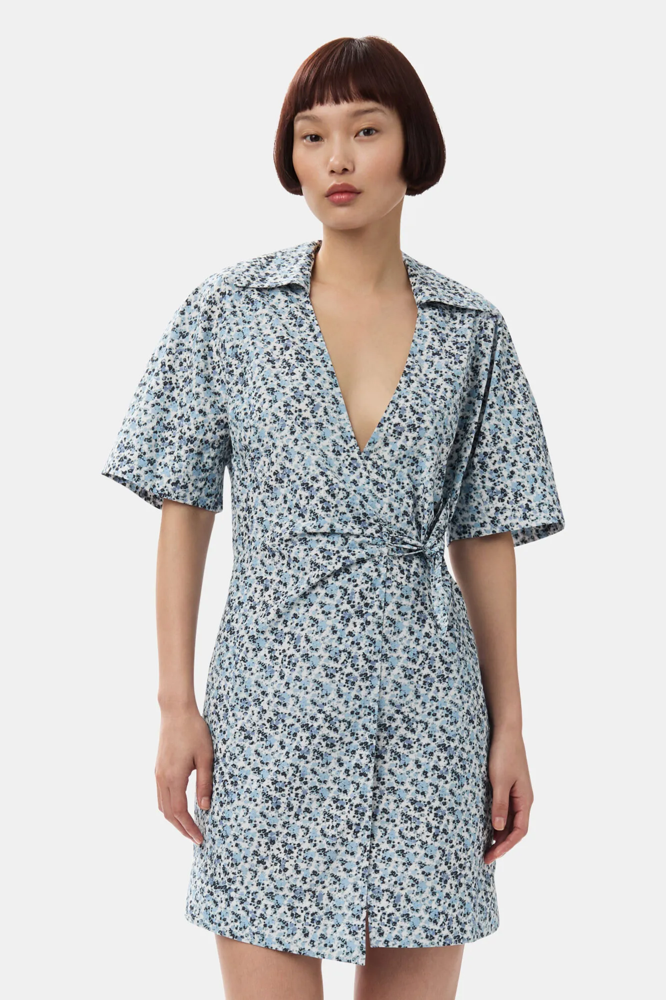 Blue Floral Printed Cotton Wrap Mini Dress