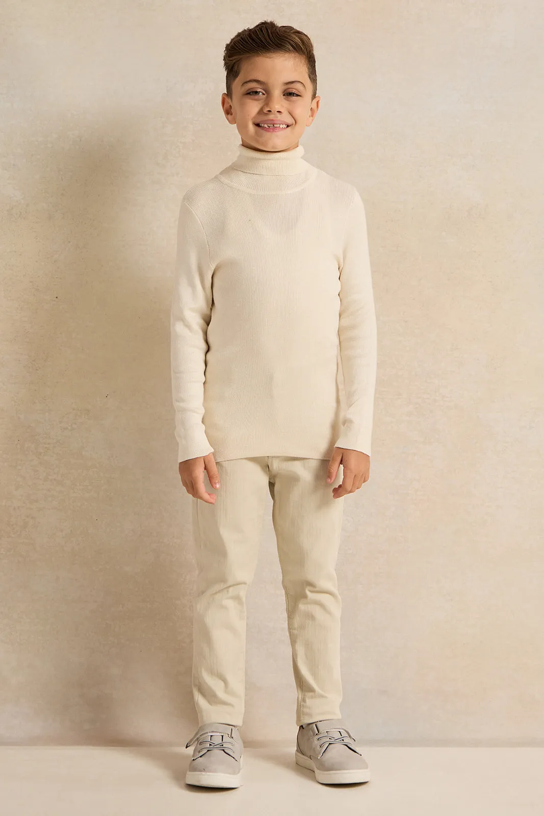 Boys Cream High Neck Plain Pullover