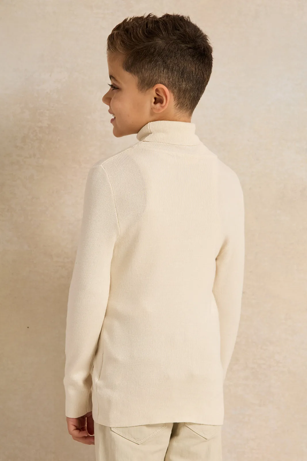 Boys Cream High Neck Plain Pullover