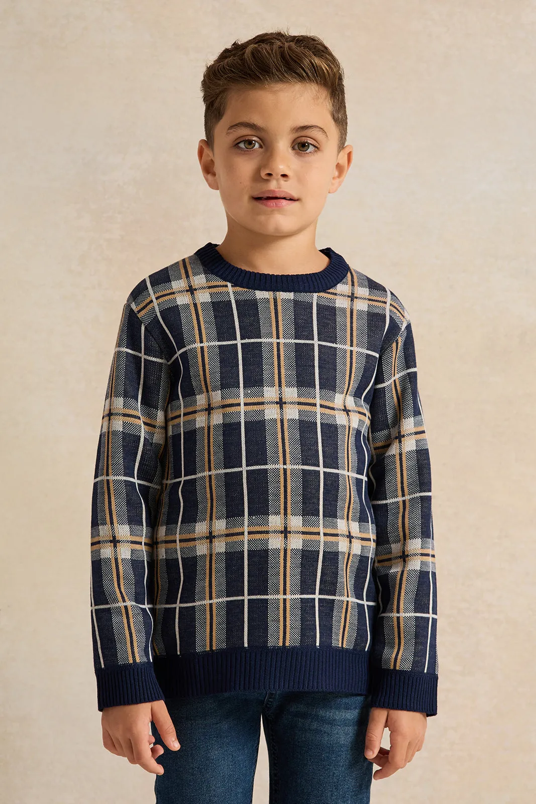 Boys Navy Checkered Pullover