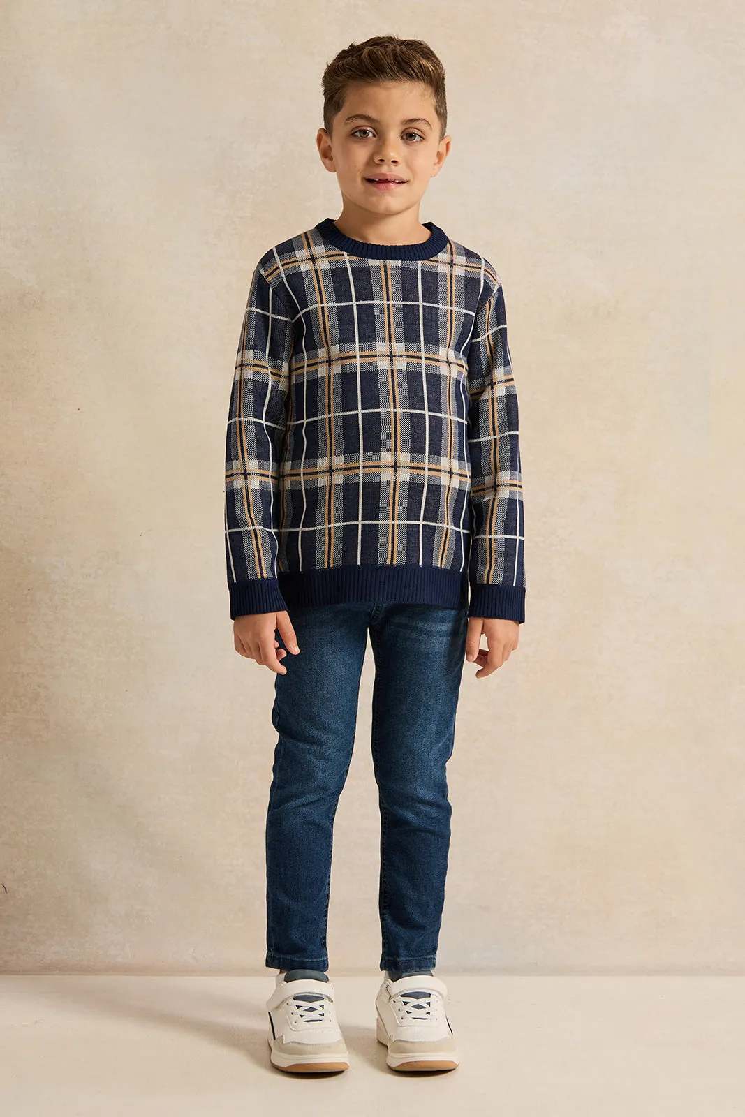 Boys Navy Checkered Pullover