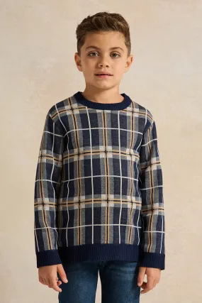 Boys Navy Checkered Pullover