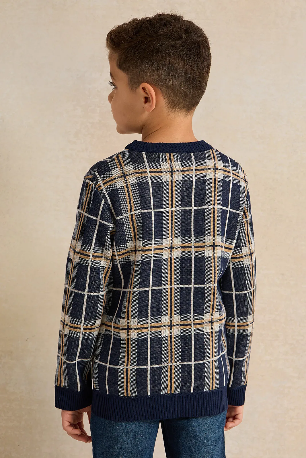 Boys Navy Checkered Pullover