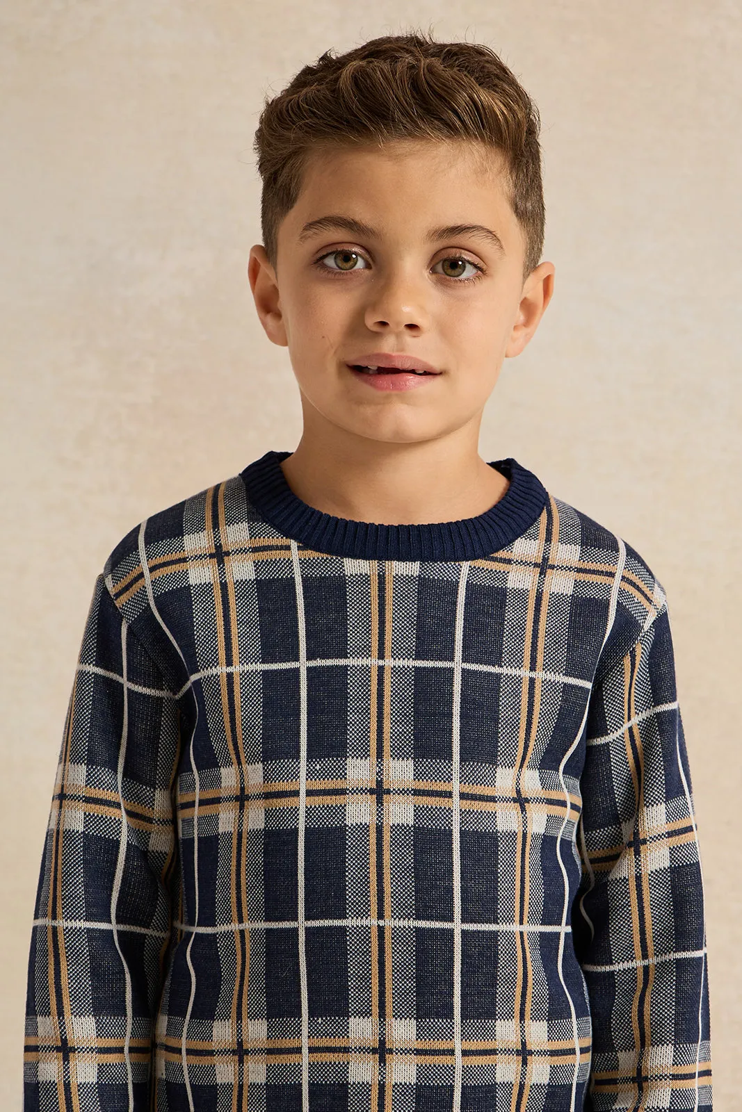 Boys Navy Checkered Pullover