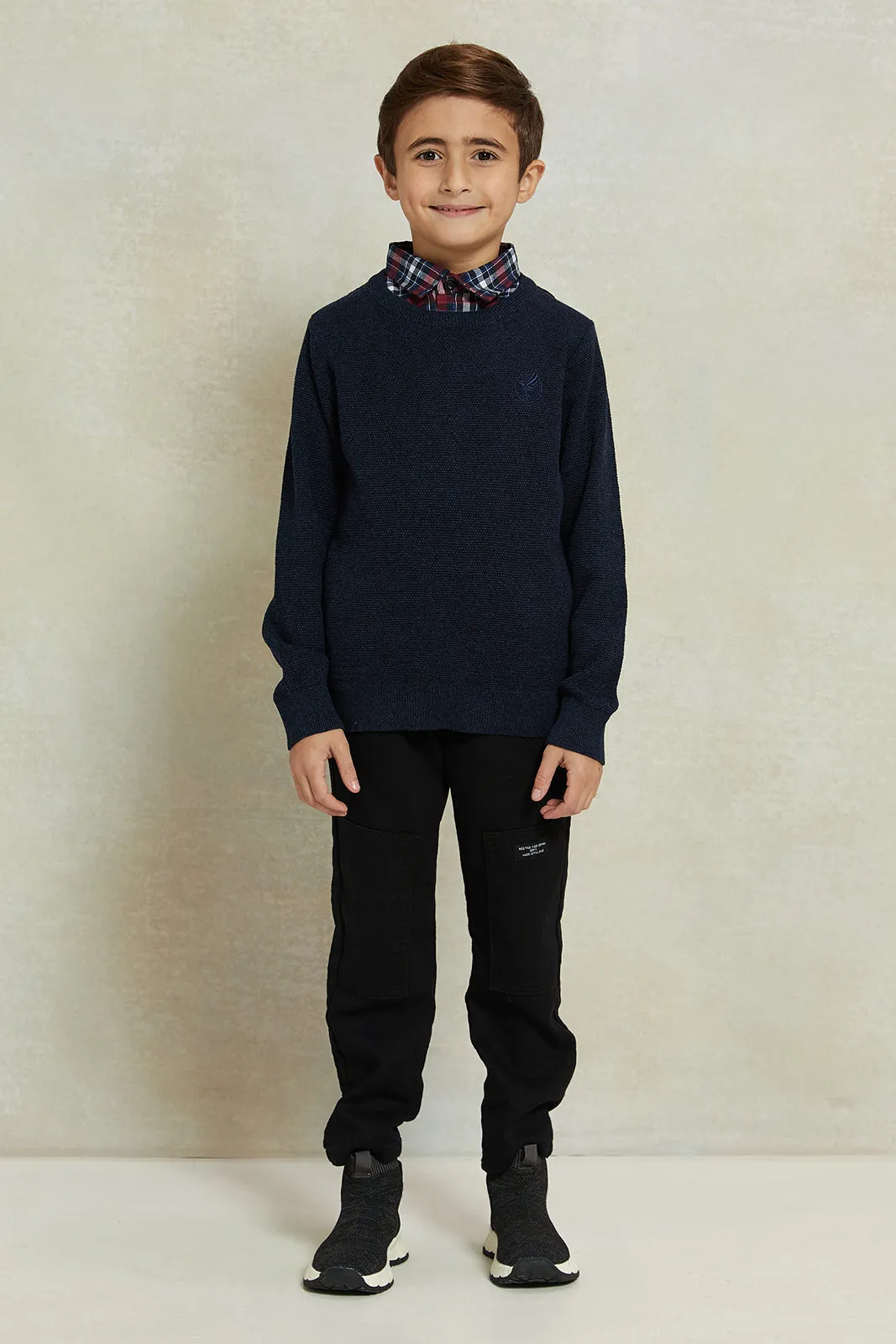 Boys Navy Knitted Pullover With Mock Collar