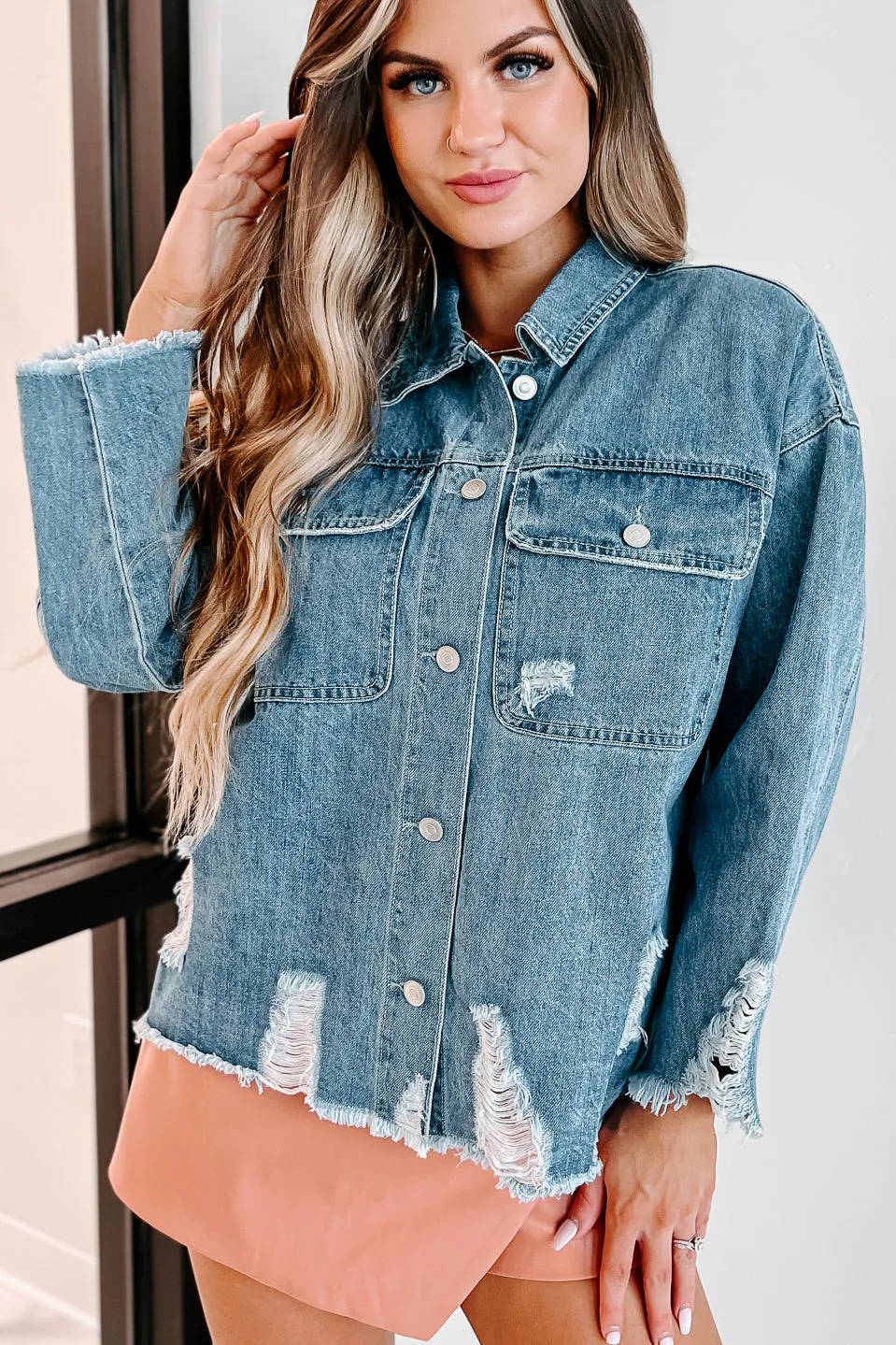 Candid Feelings Distressed Denim Jacket (Medium Denim)