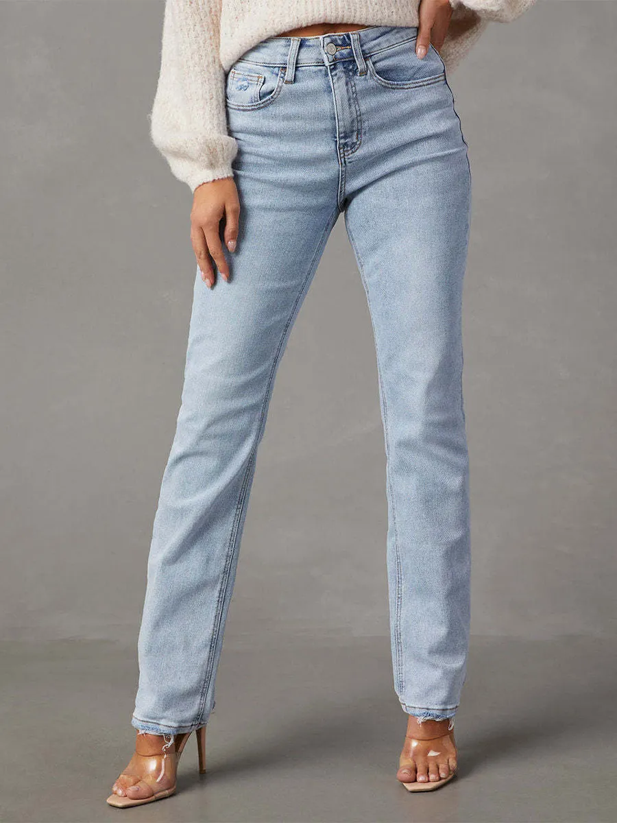 Classic Jeans Zipper Fly High Waisted Women's Pants In Light Sky Blue