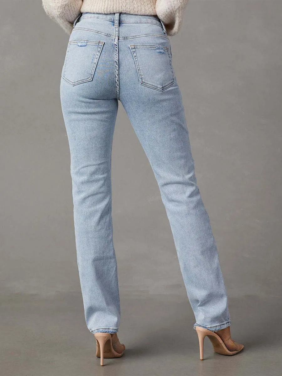 Classic Jeans Zipper Fly High Waisted Women's Pants In Light Sky Blue