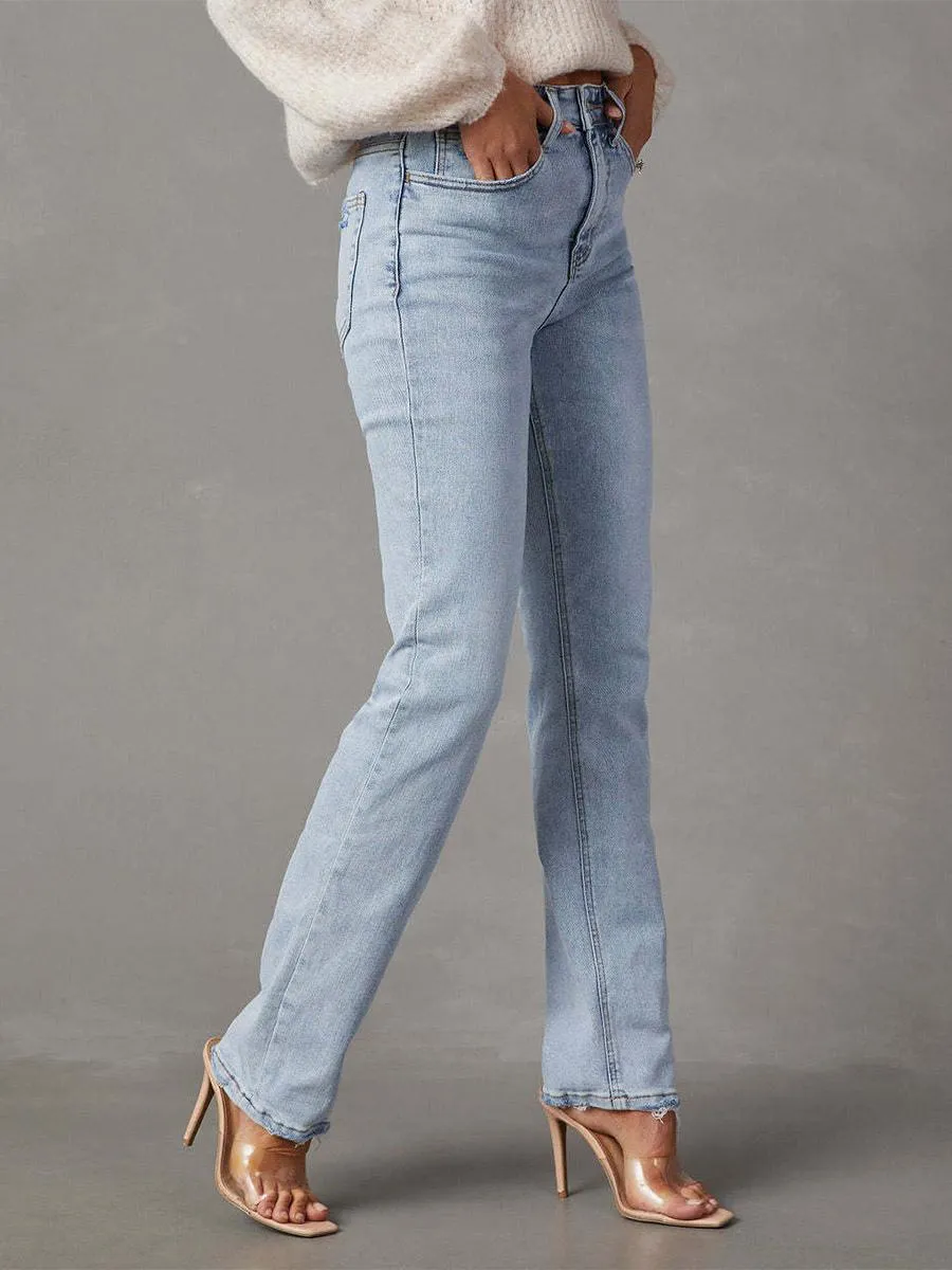 Classic Jeans Zipper Fly High Waisted Women's Pants In Light Sky Blue