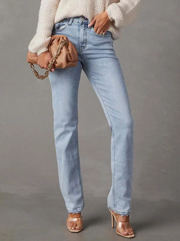 Classic Jeans Zipper Fly High Waisted Women's Pants In Light Sky Blue