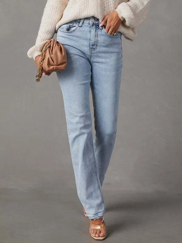 Classic Jeans Zipper Fly High Waisted Women's Pants In Light Sky Blue