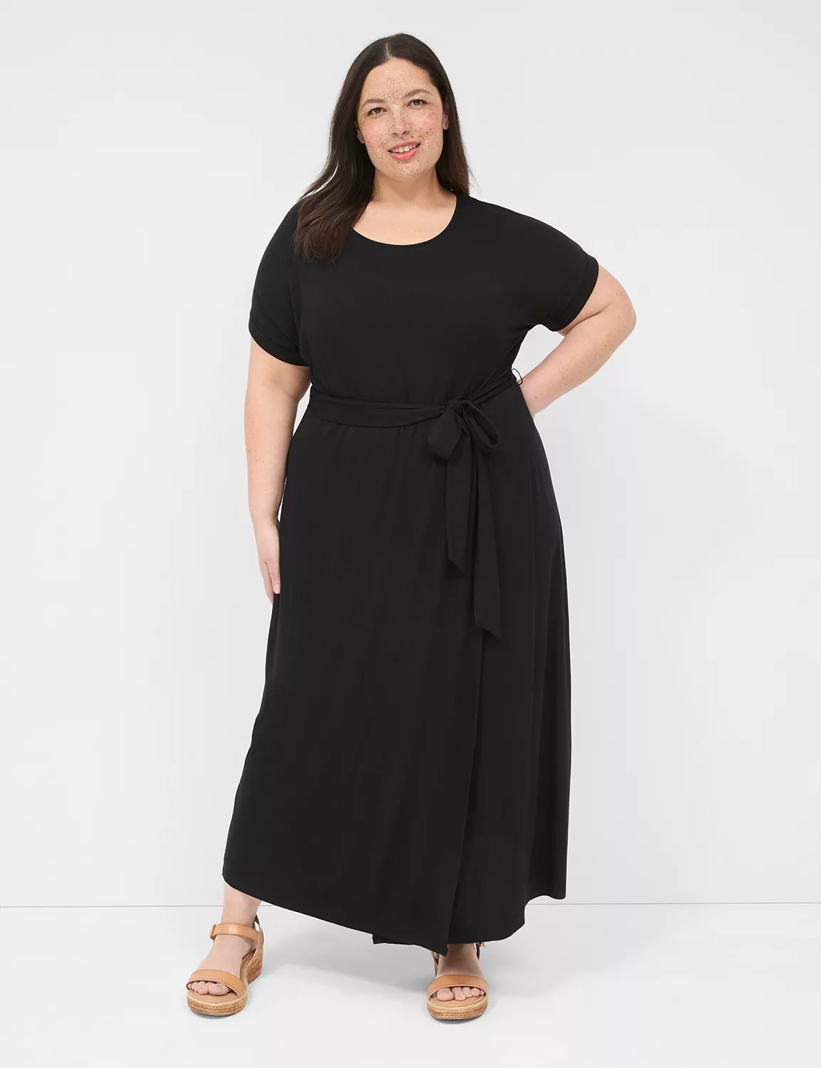 Crew-Neck Faux-Wrap Jersey Midi Dress