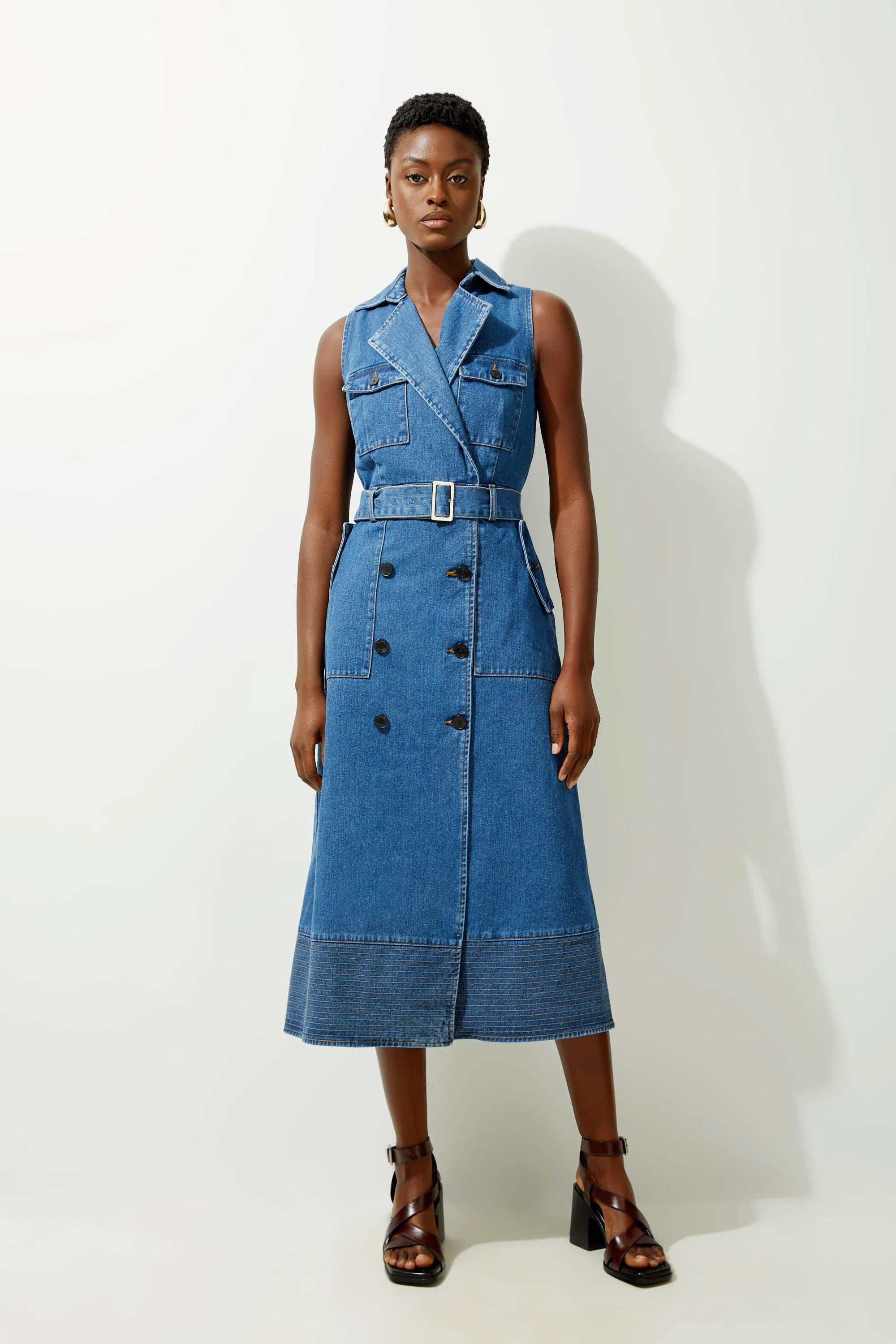 Denim Cargo Pocket Belted Sleeveless Shirt Wrap Dress | Karen Millen