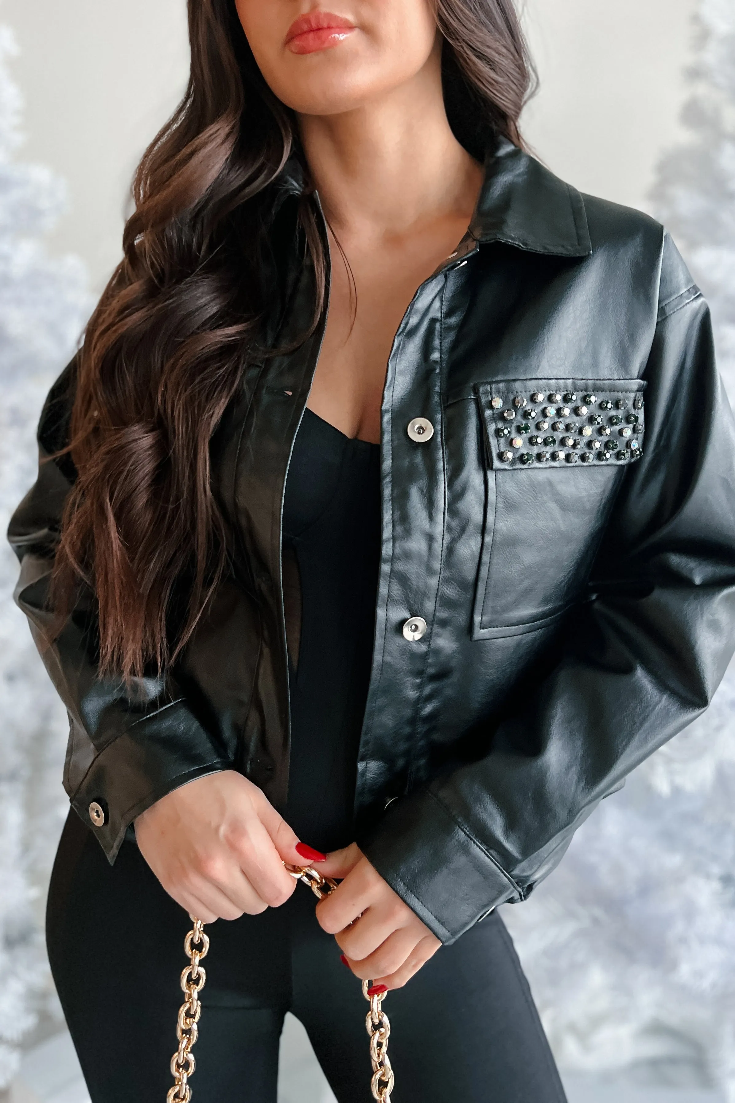 Diva Deluxe Rhinestone Pocket Faux Leather Jacket (Black)