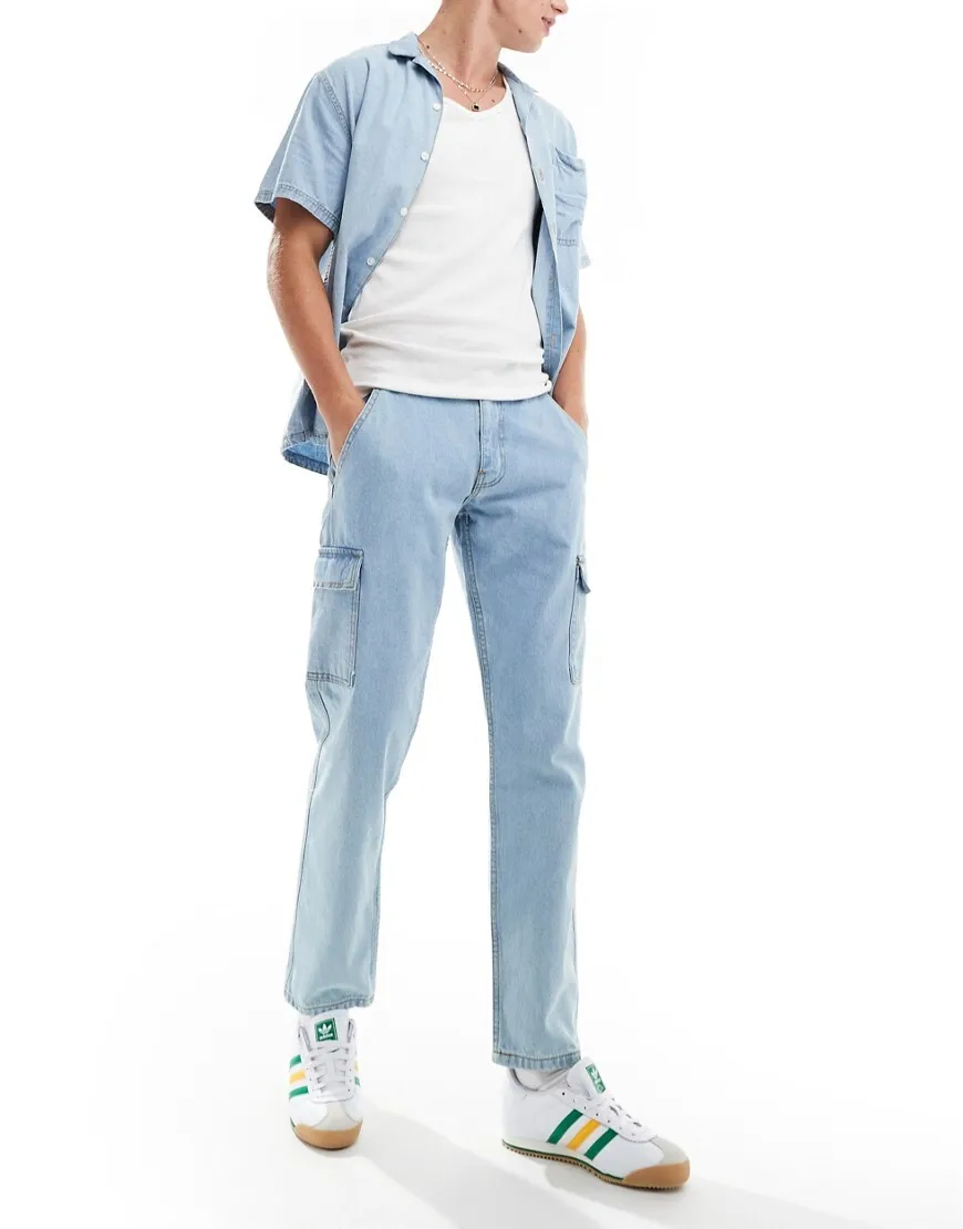 Don't Think Twice DTT rigid straight fit cargo jeans in light blue