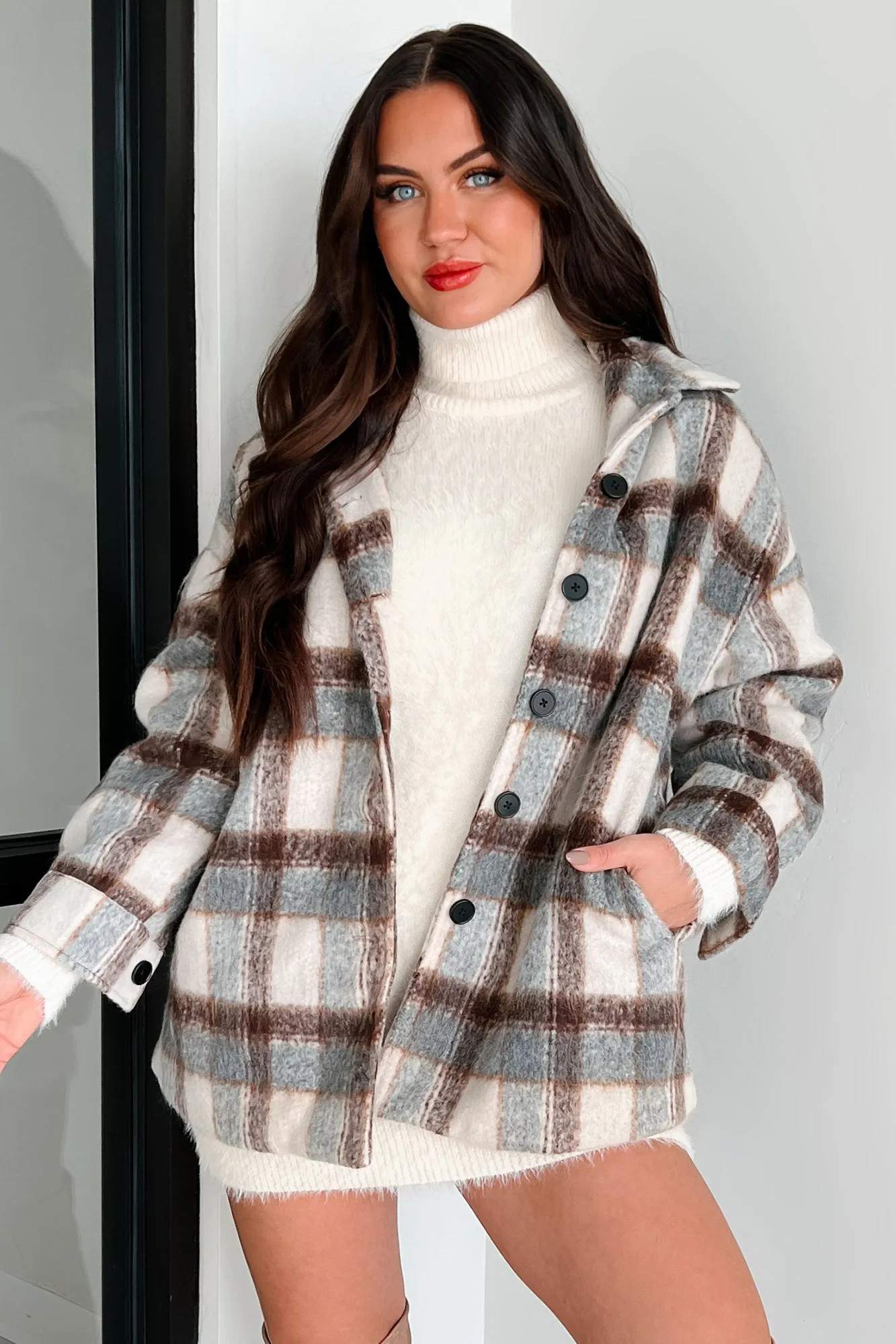 Don't Read Into It Oversized Plaid Jacket (Brown/Grey)