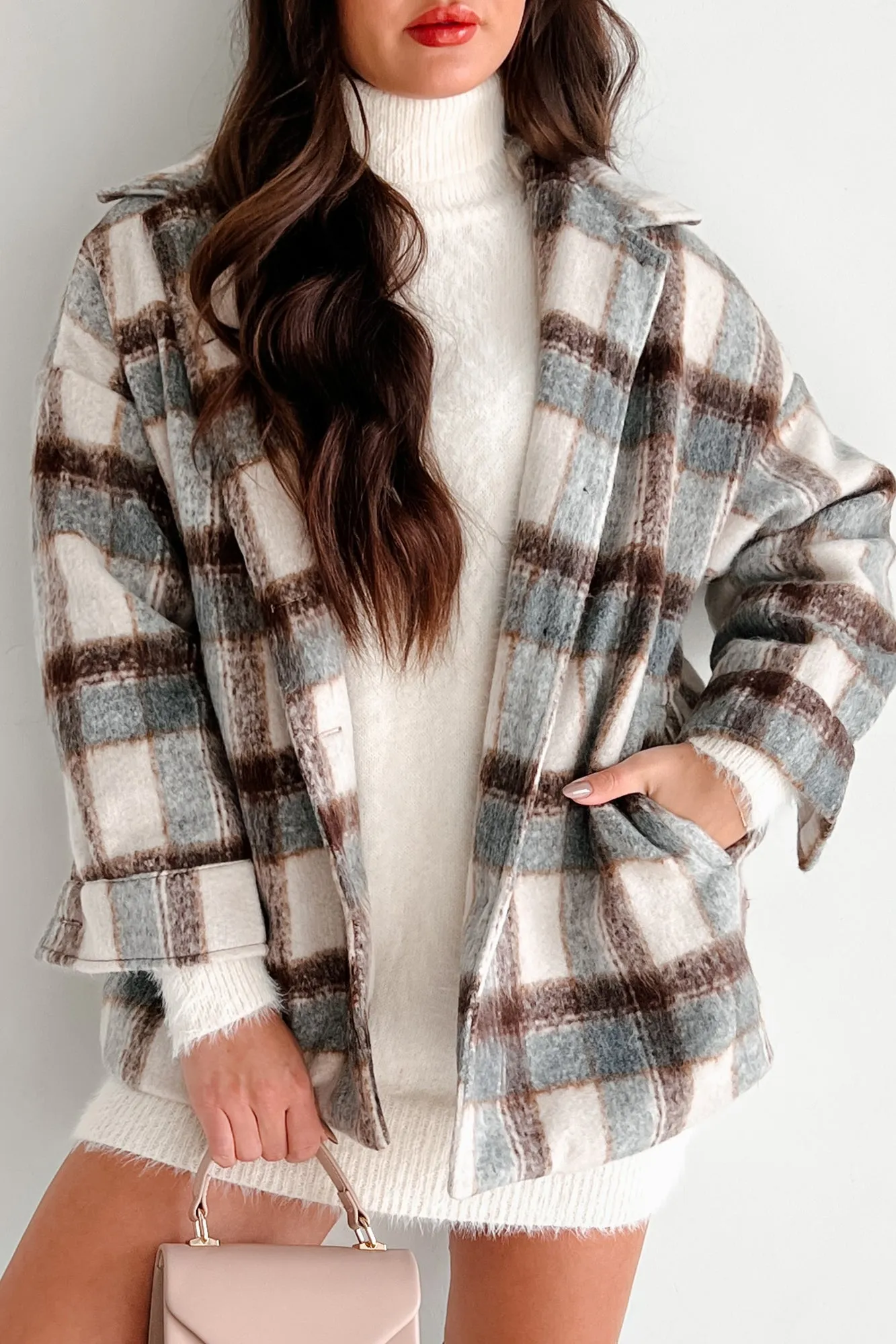 Don't Read Into It Oversized Plaid Jacket (Brown/Grey)