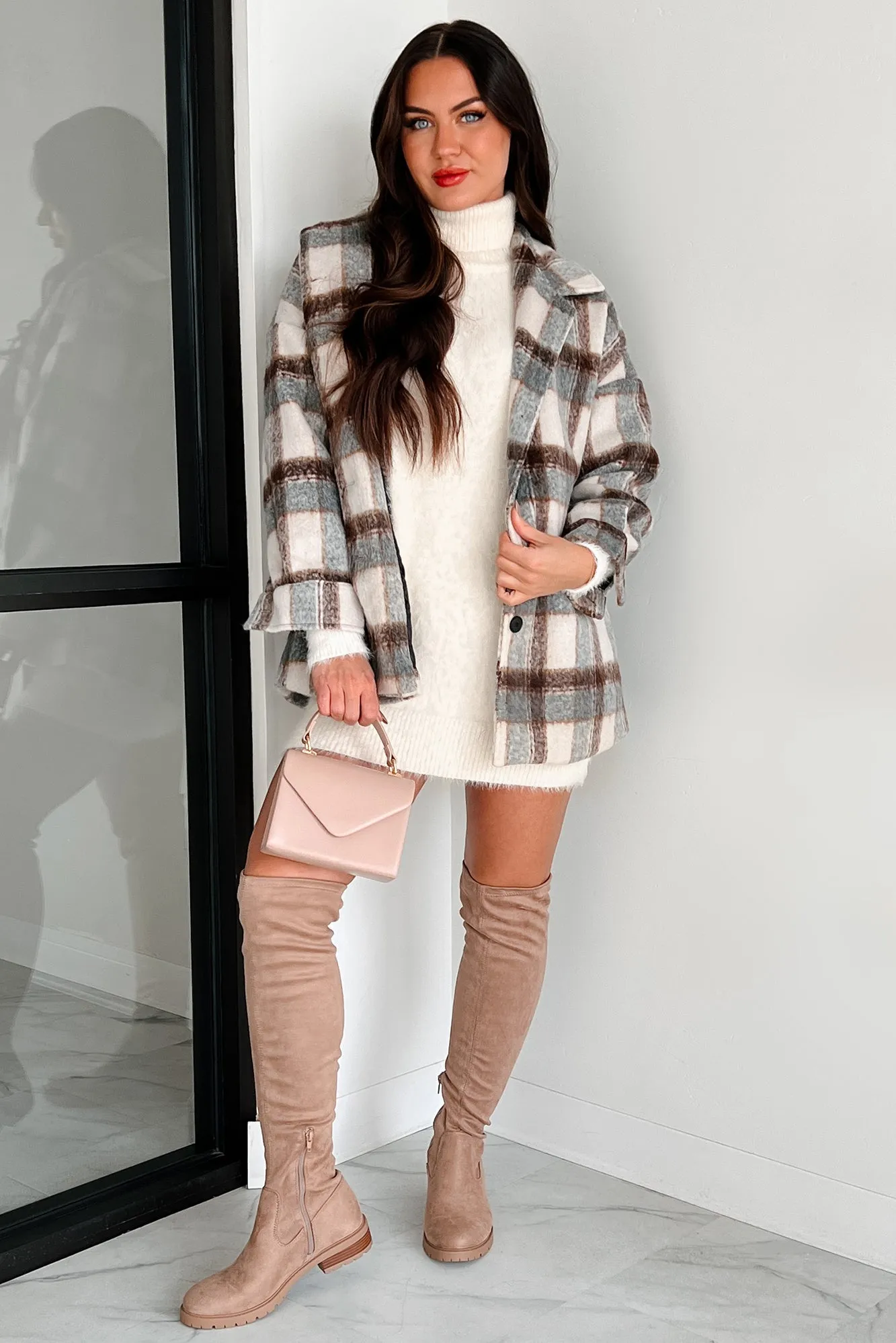 Don't Read Into It Oversized Plaid Jacket (Brown/Grey)