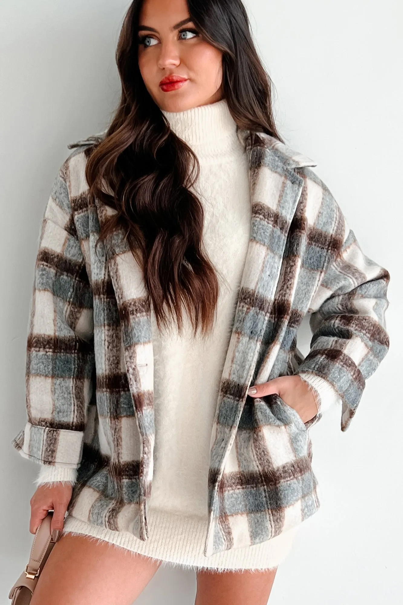 Don't Read Into It Oversized Plaid Jacket (Brown/Grey)