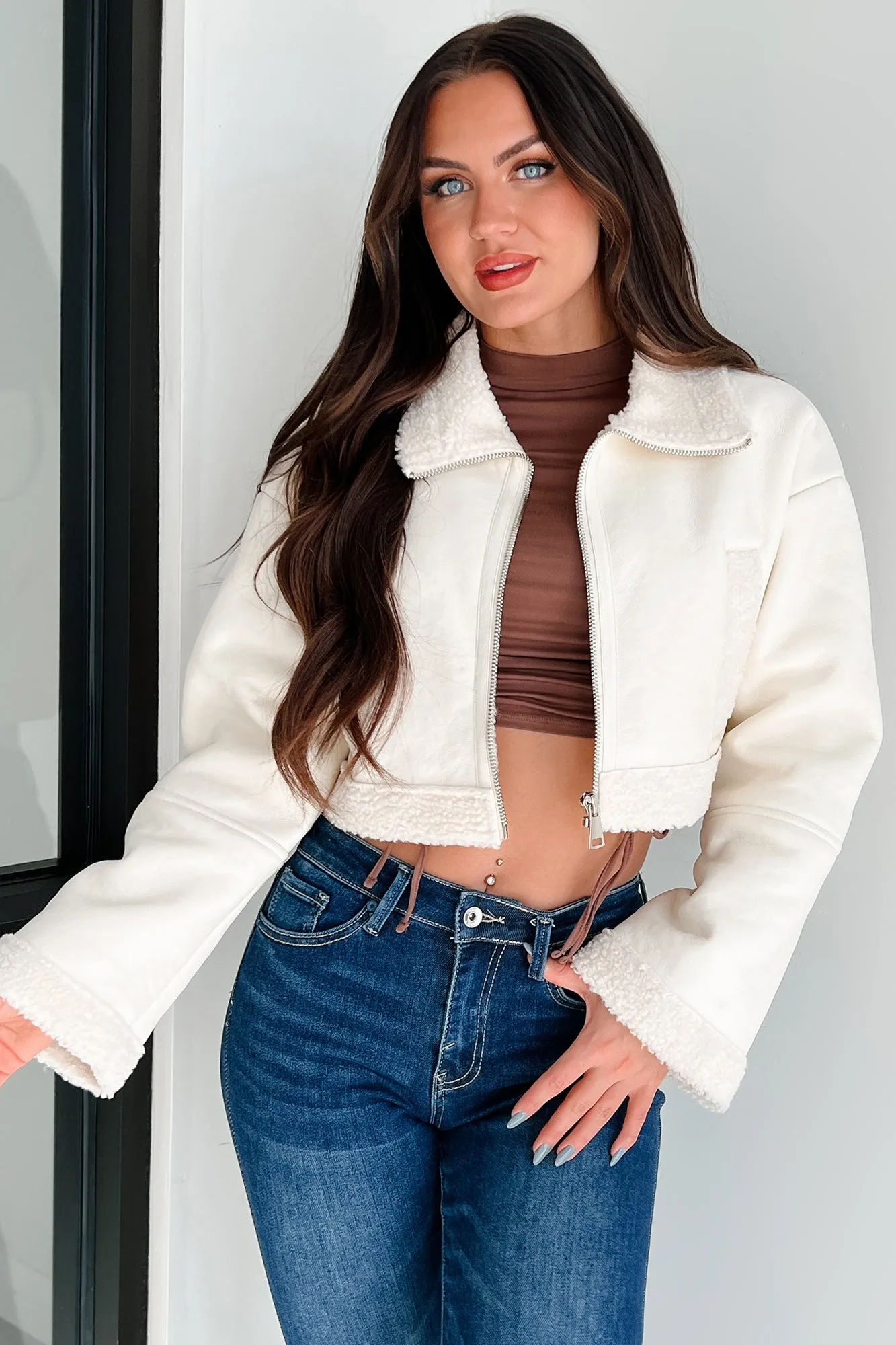 DOORBUSTER Denver Nights Faux Leather Crop Jacket (Cream)