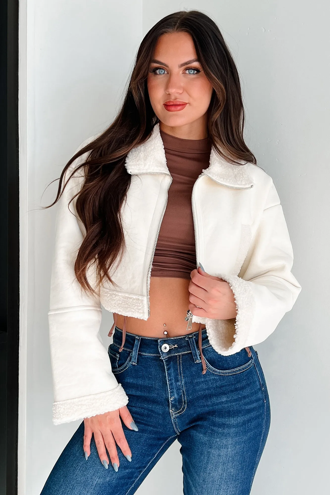 DOORBUSTER Denver Nights Faux Leather Crop Jacket (Cream)