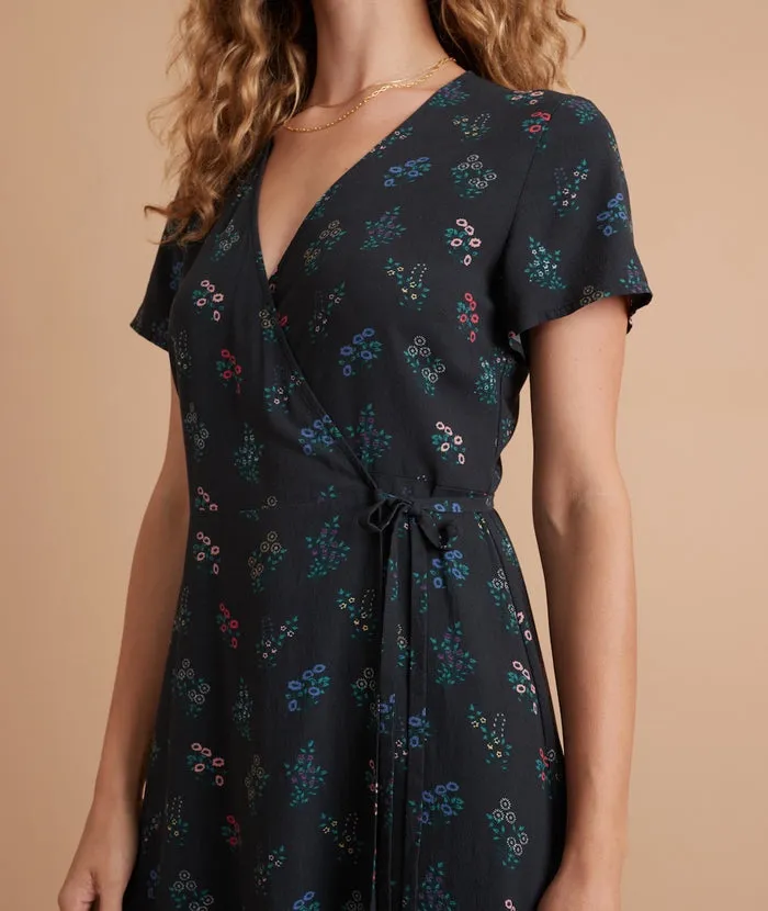 Emlyn Midi Wrap Dress in Black India Floral Print