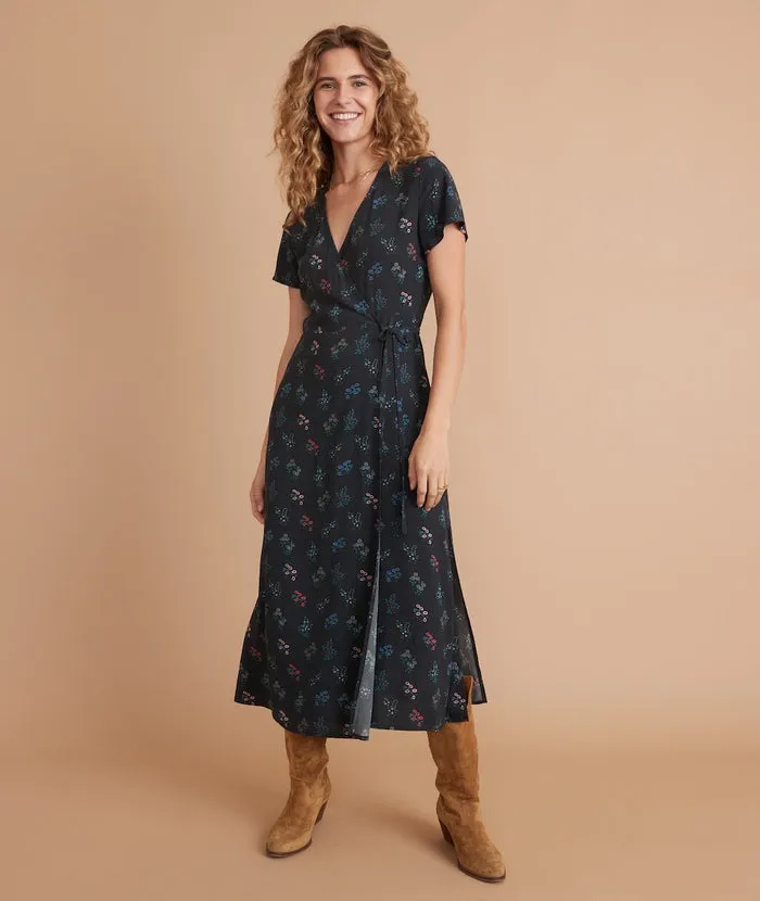 Emlyn Midi Wrap Dress in Black India Floral Print