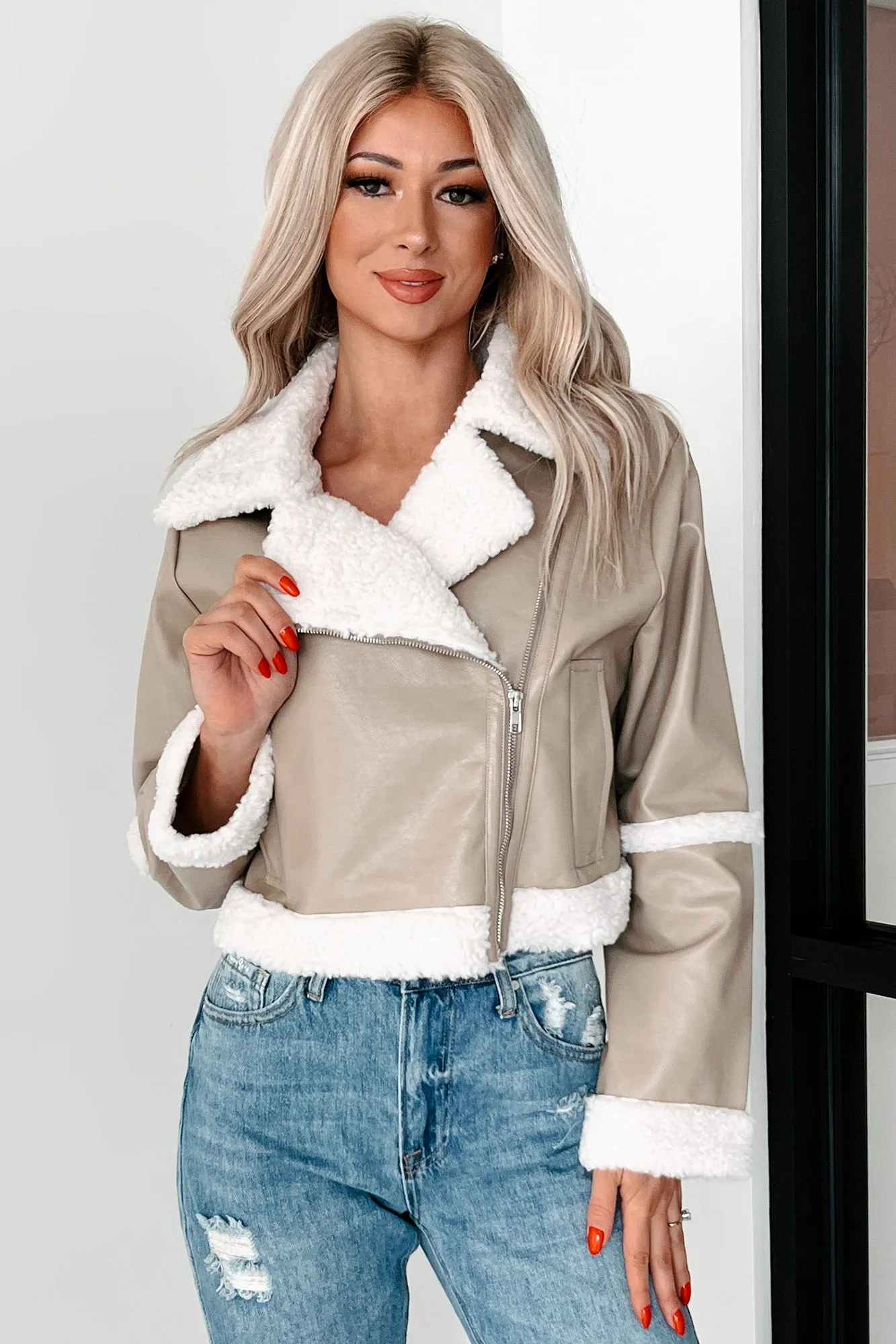 Felt The Chill Faux Leather Shearling Jacket (Taupe/Ivory)