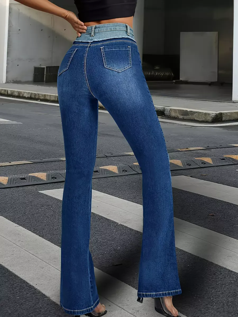 Flare Jeans For Women Two-Tone Y2K Style Blue Flared Denim Pants 2025